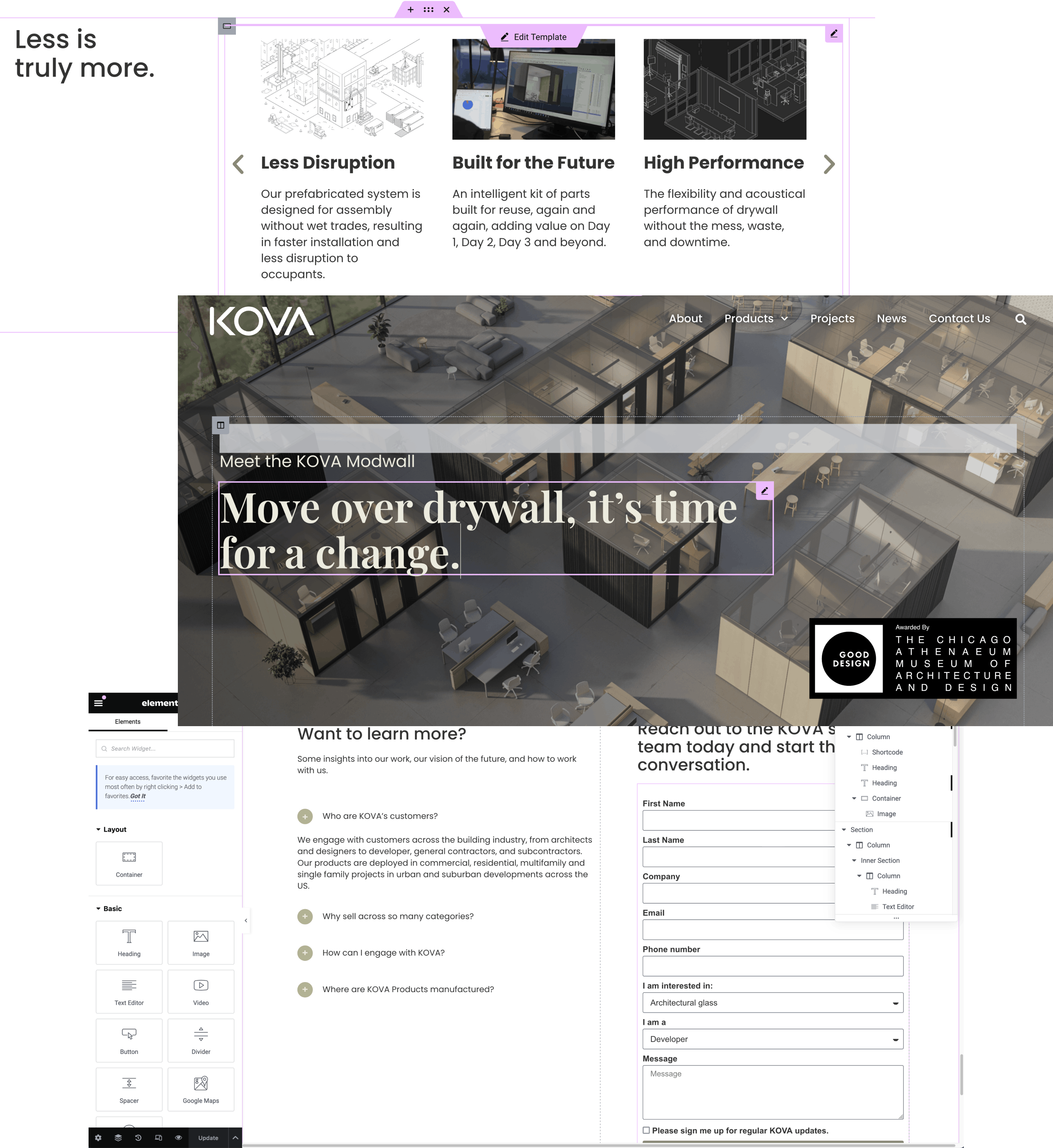 A collage of images showing three pages being edited in the Elementor page designer.