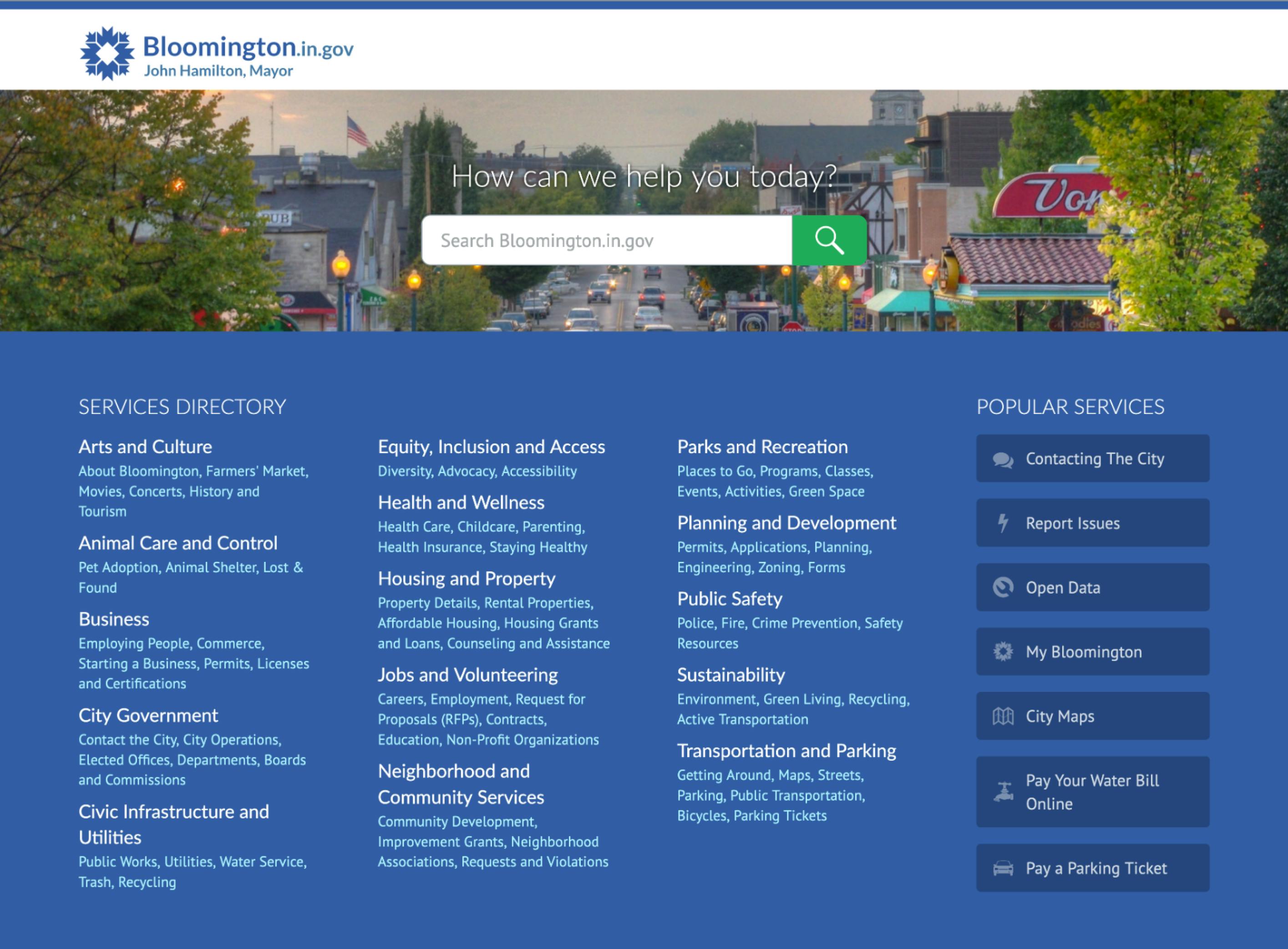 A screen shot of the City home page, showing a directory of services sorted by category, as opposed to being sorted by City Department.