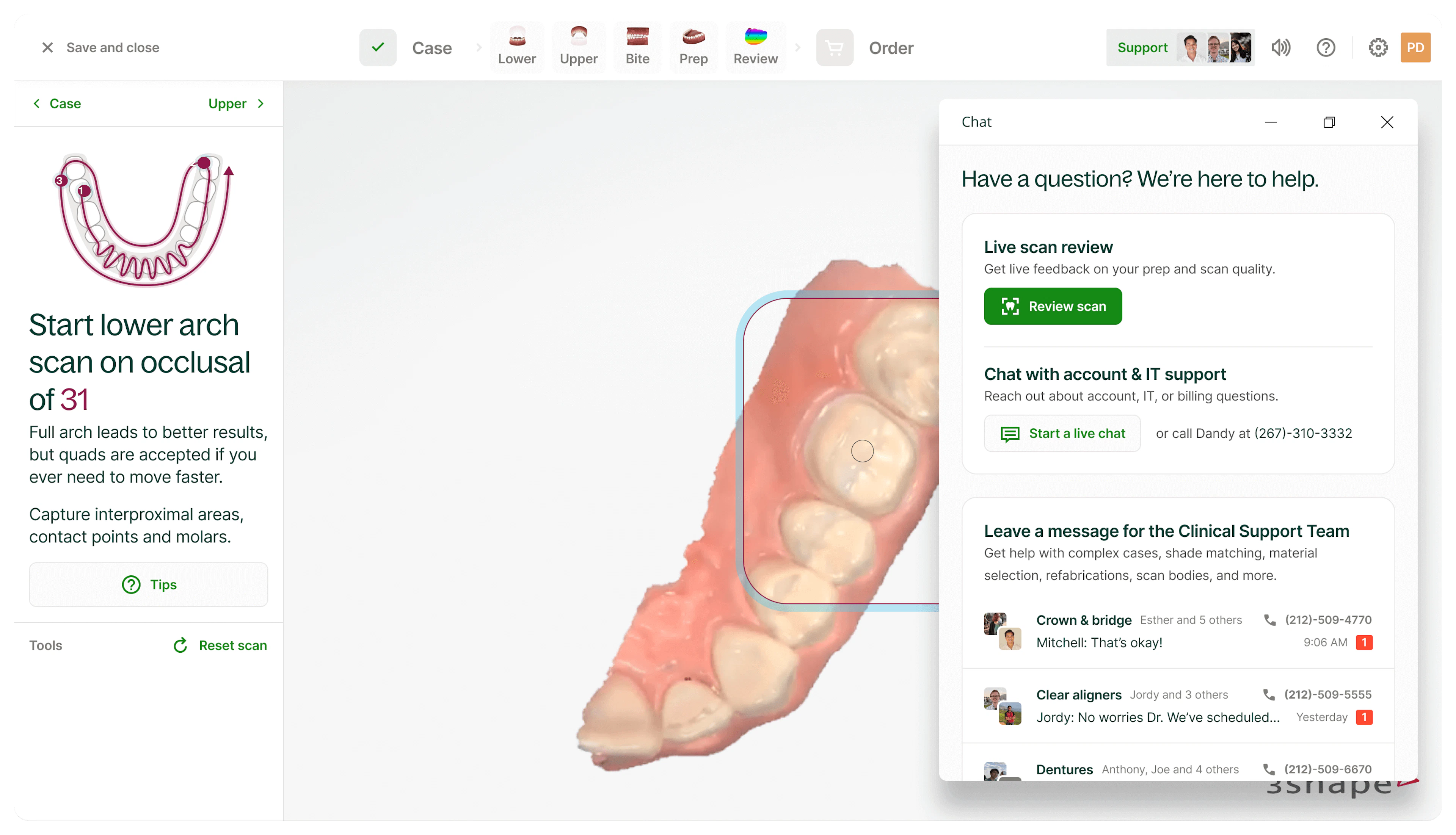 Dandy live scan review chat interface