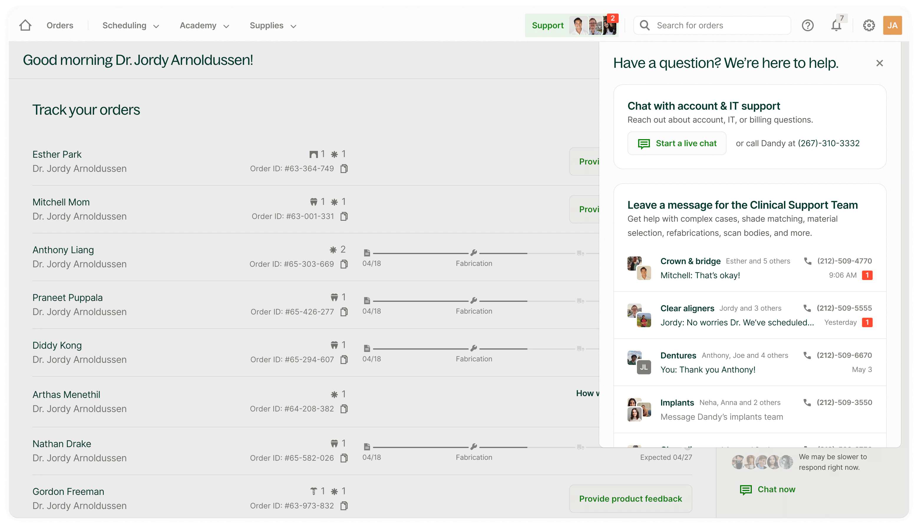 Dandy order tracking dashboard with live chat support