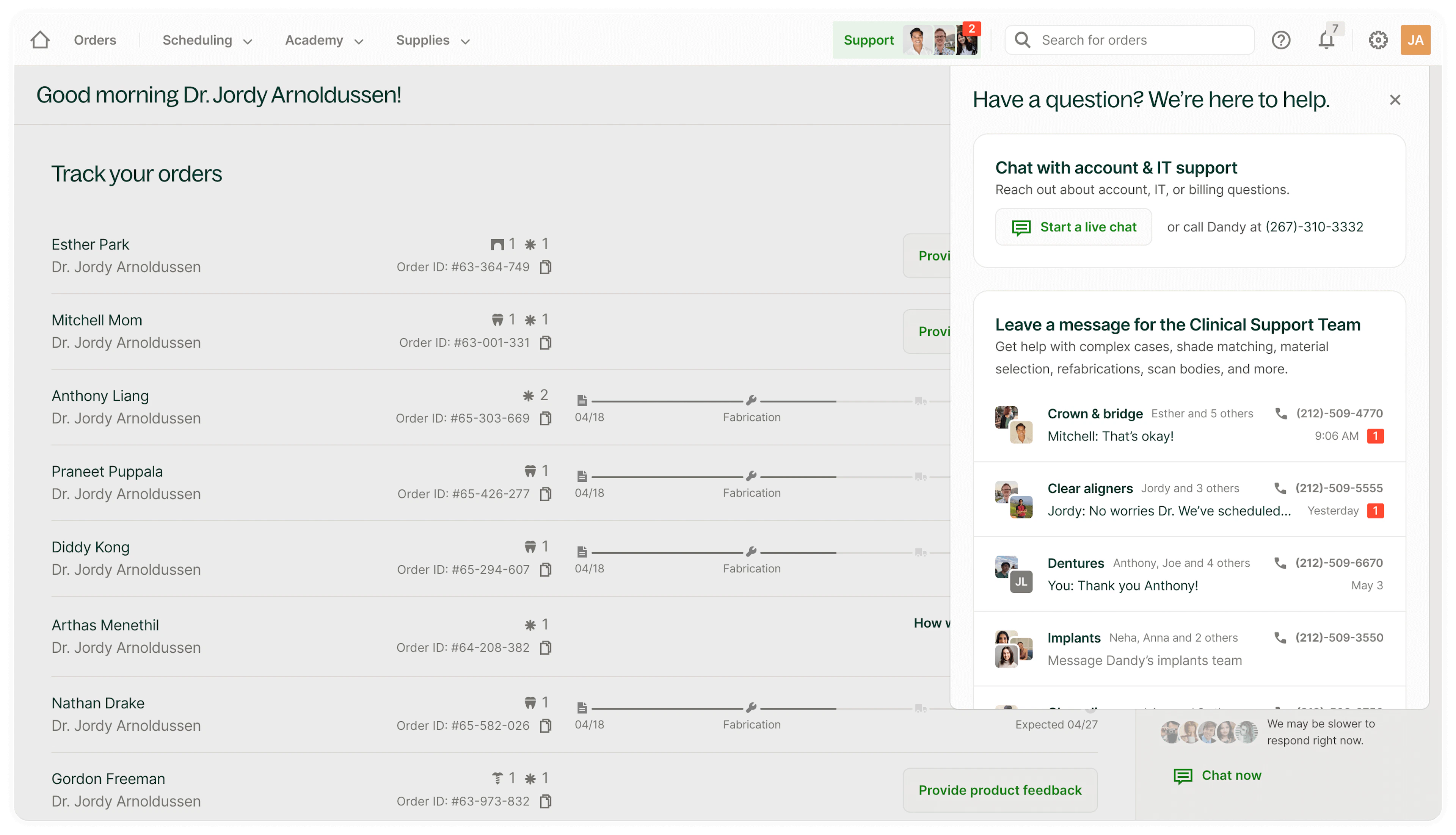 Dandy order tracking dashboard with live chat support