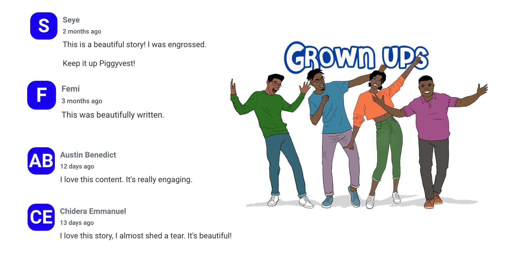 Comments from fans of PiggyVest's comic series, Grown Ups.