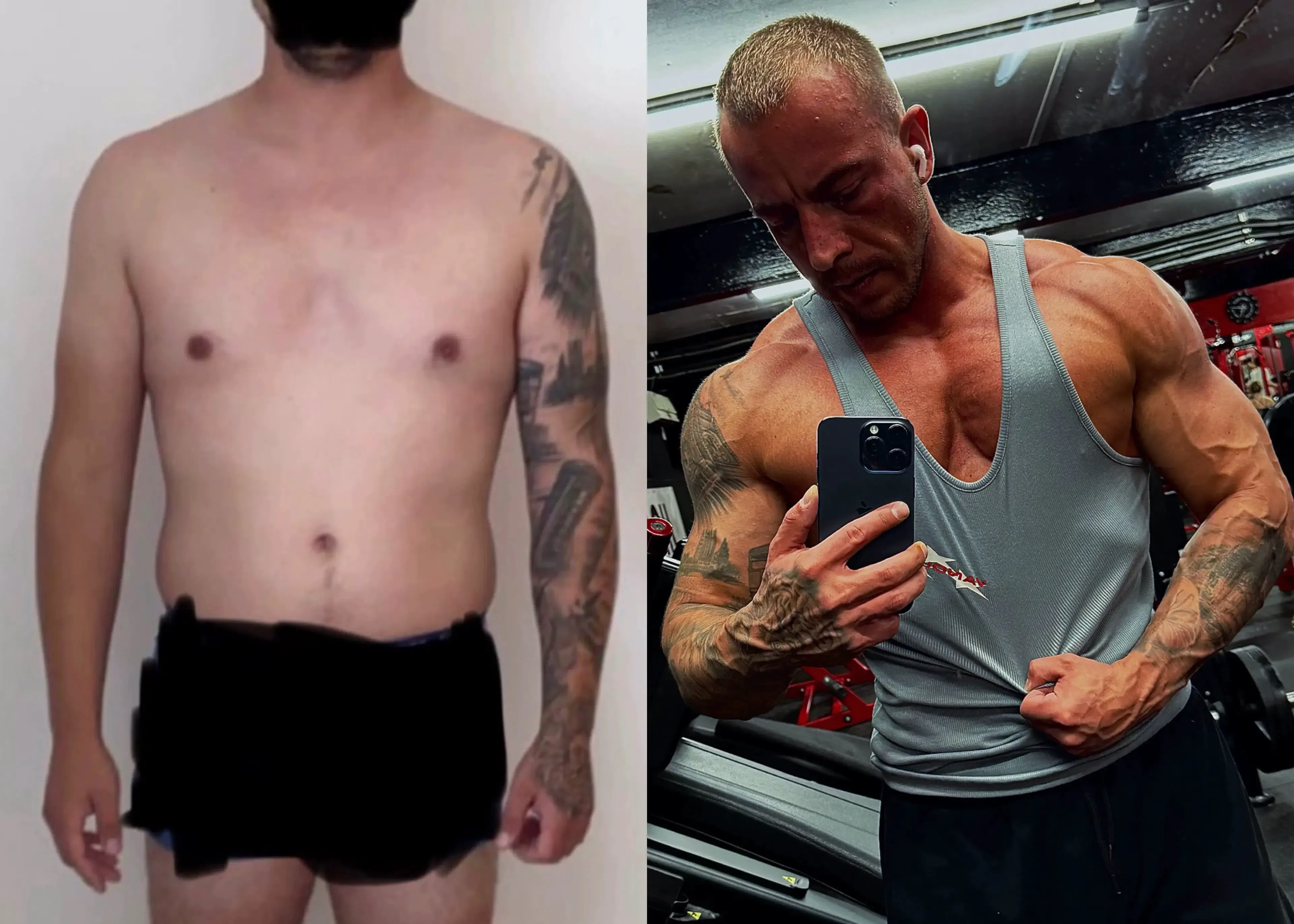 Client physique transformation showing muscle gain and fat loss