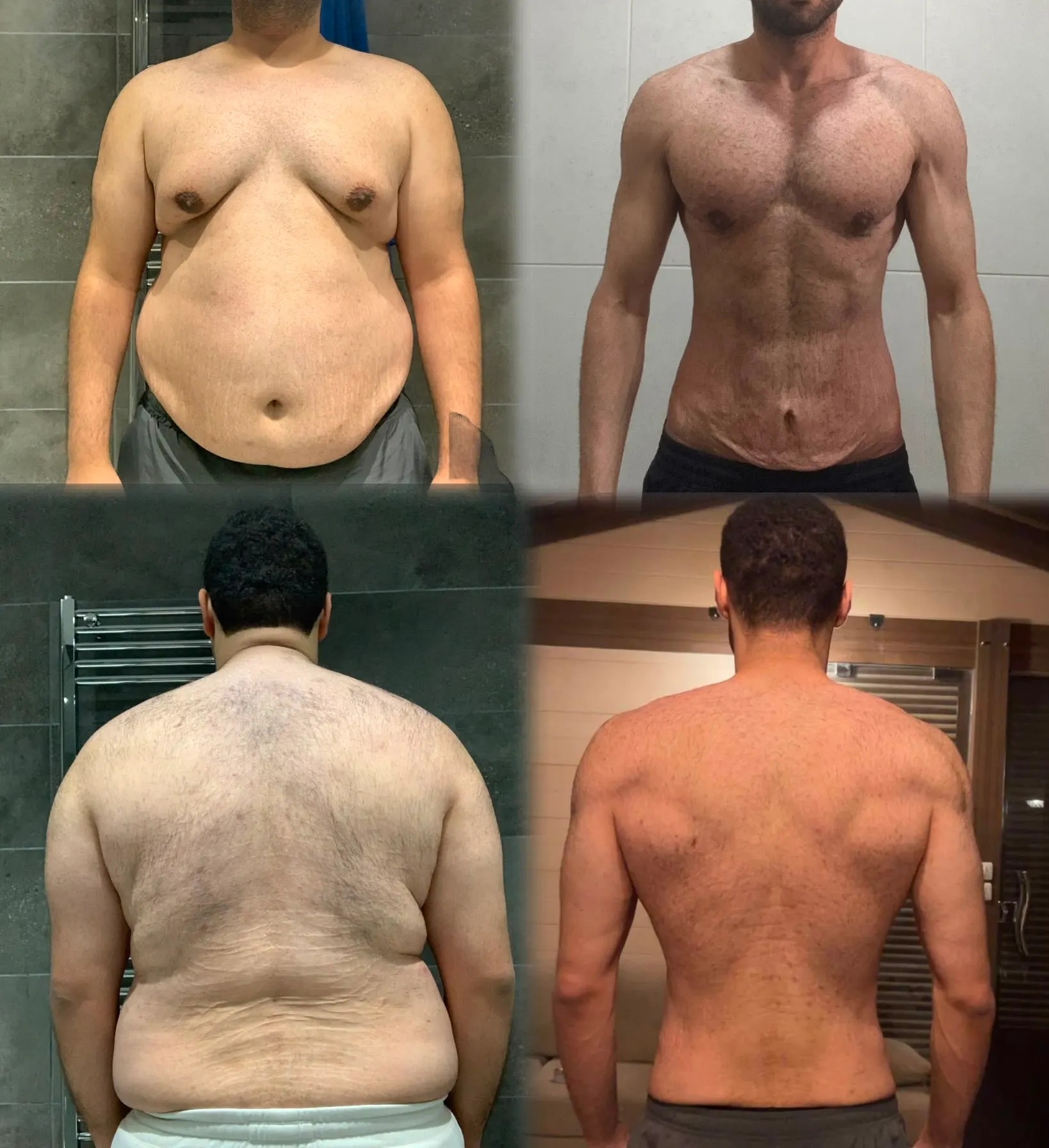 Client before and after losing 90 lb while cutting