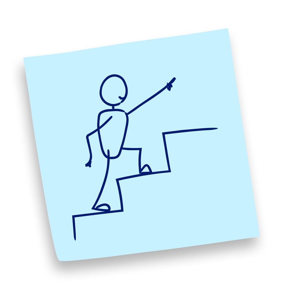 Hand-drawn style sketch of a stick figure on a light blue sticky note, climbing stairs while smiling and pointing upward