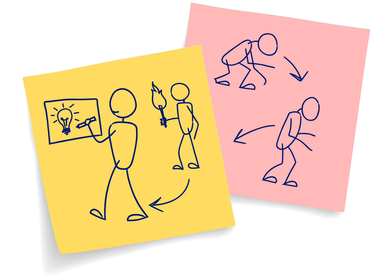 Stick-figure sketches on yellow and pink sticky notes. On pink: a figure gradually straightens up from crouching to standing, like classic human evolution depictions. On yellow: a figure draws a lightbulb and carries a torch.