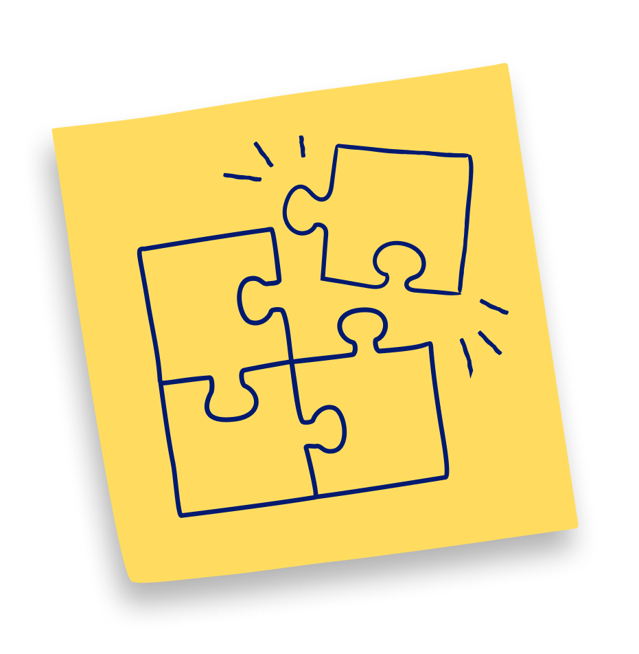 Hand-drawn style sketch of four interlocking puzzle pieces on a yellow sticky note, with one piece being placed to complete the puzzle