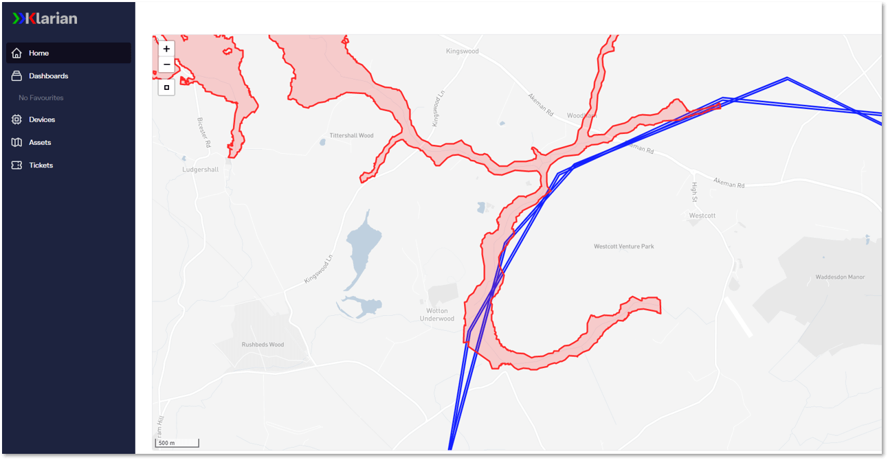 A screenshot of DigipipeVision's frontend with flood risks highlighted.