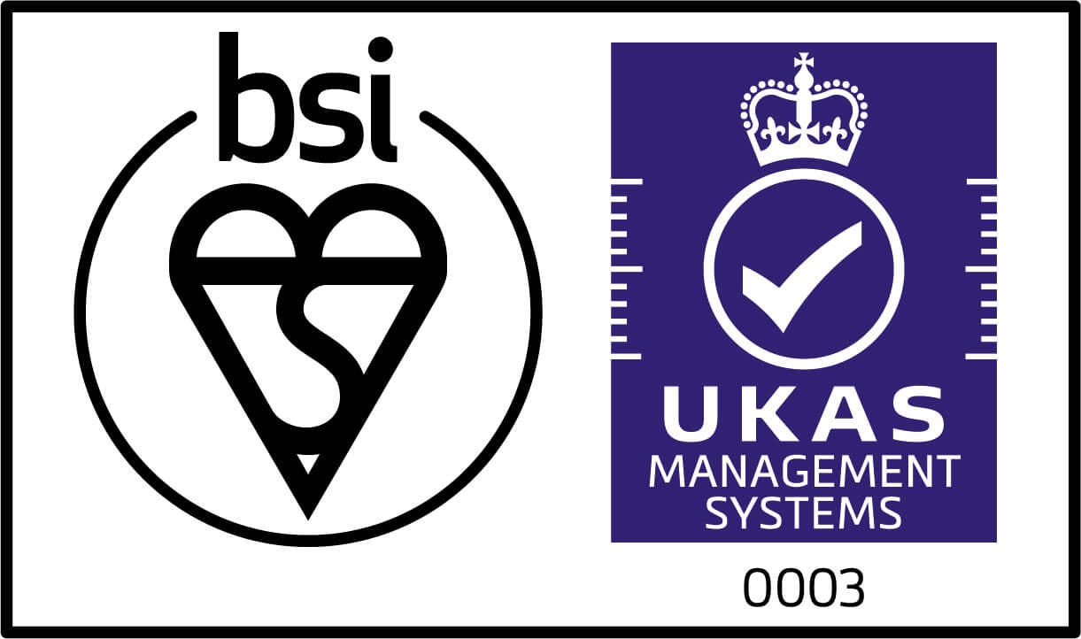 Certification mark of UKAS accreditation for the British Standards Institute (BSI).