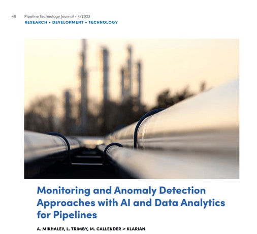 Front page of an article with a picture of a pipeline going towards a city. Article is titled "Monitoring and anomaly detection approaches with AI and data analytics for pipelines."