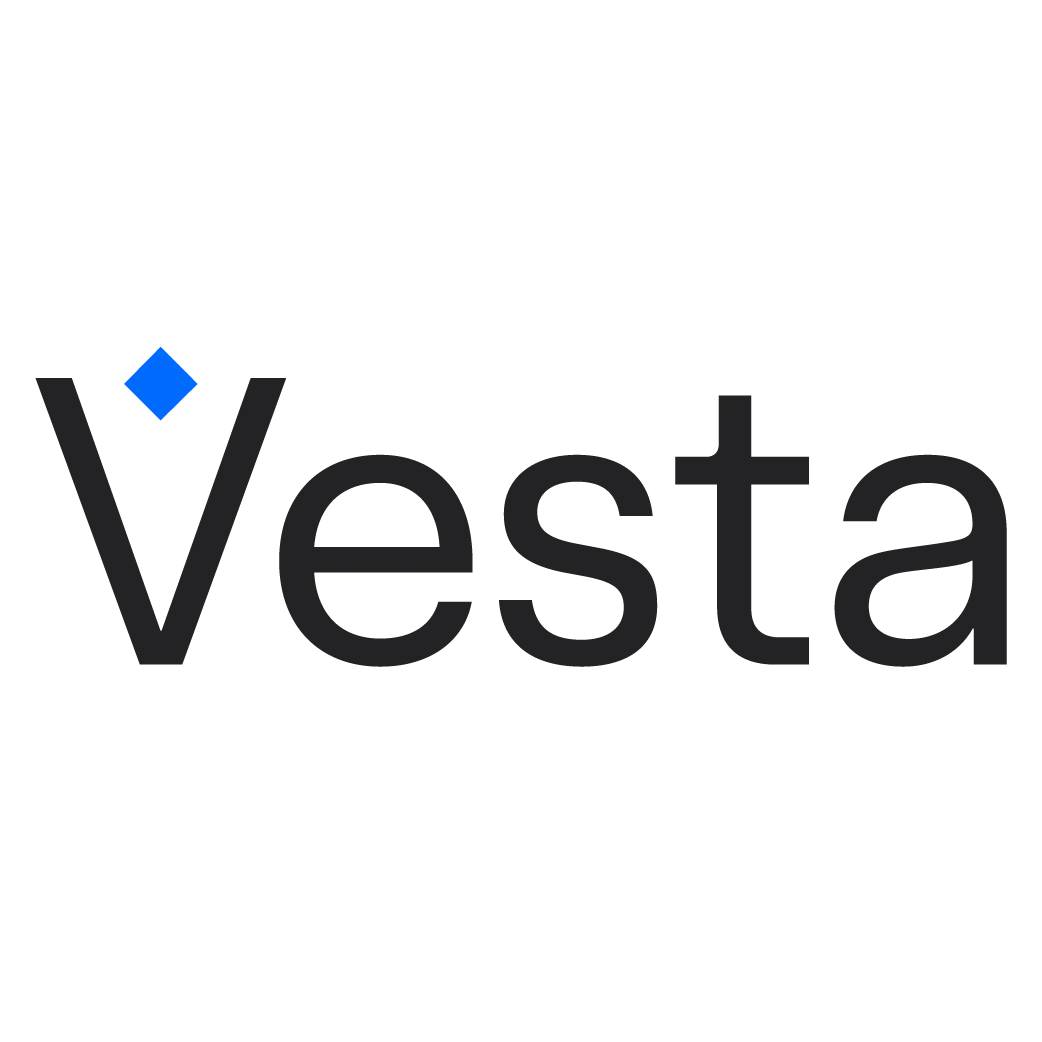 The word "Vesta" with a blue diamond above the "V"