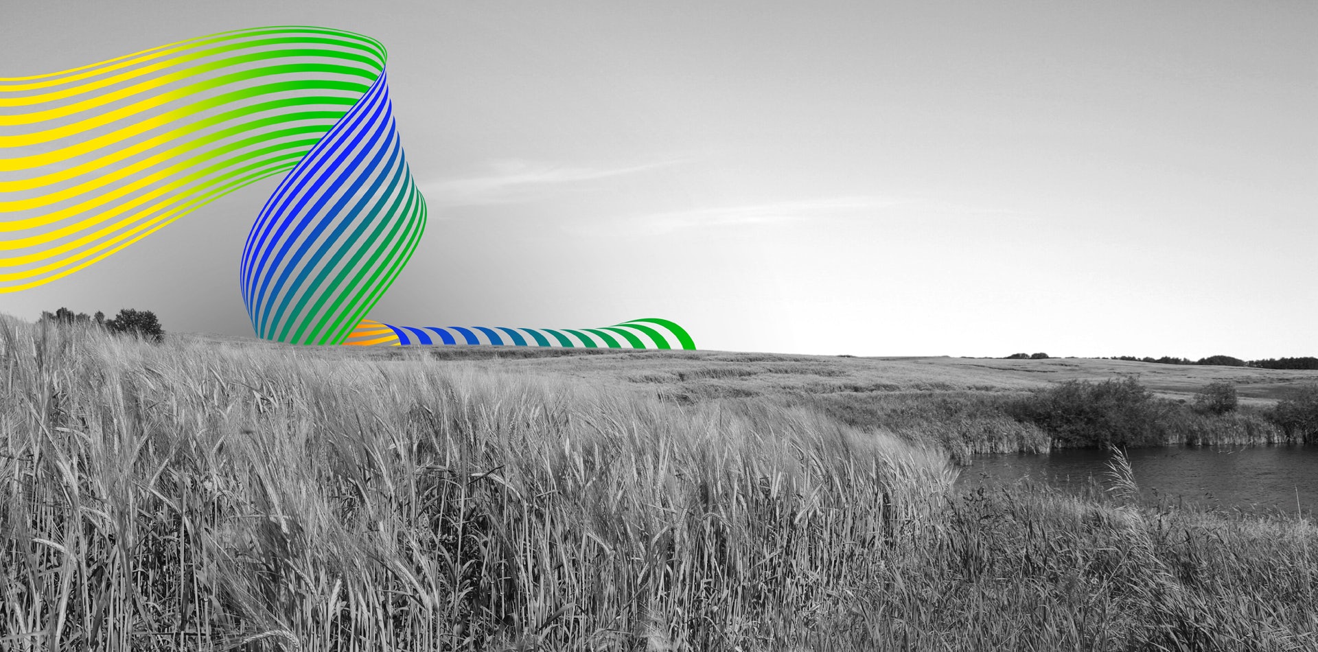 Black and white field with Klarian colourful flow in the background