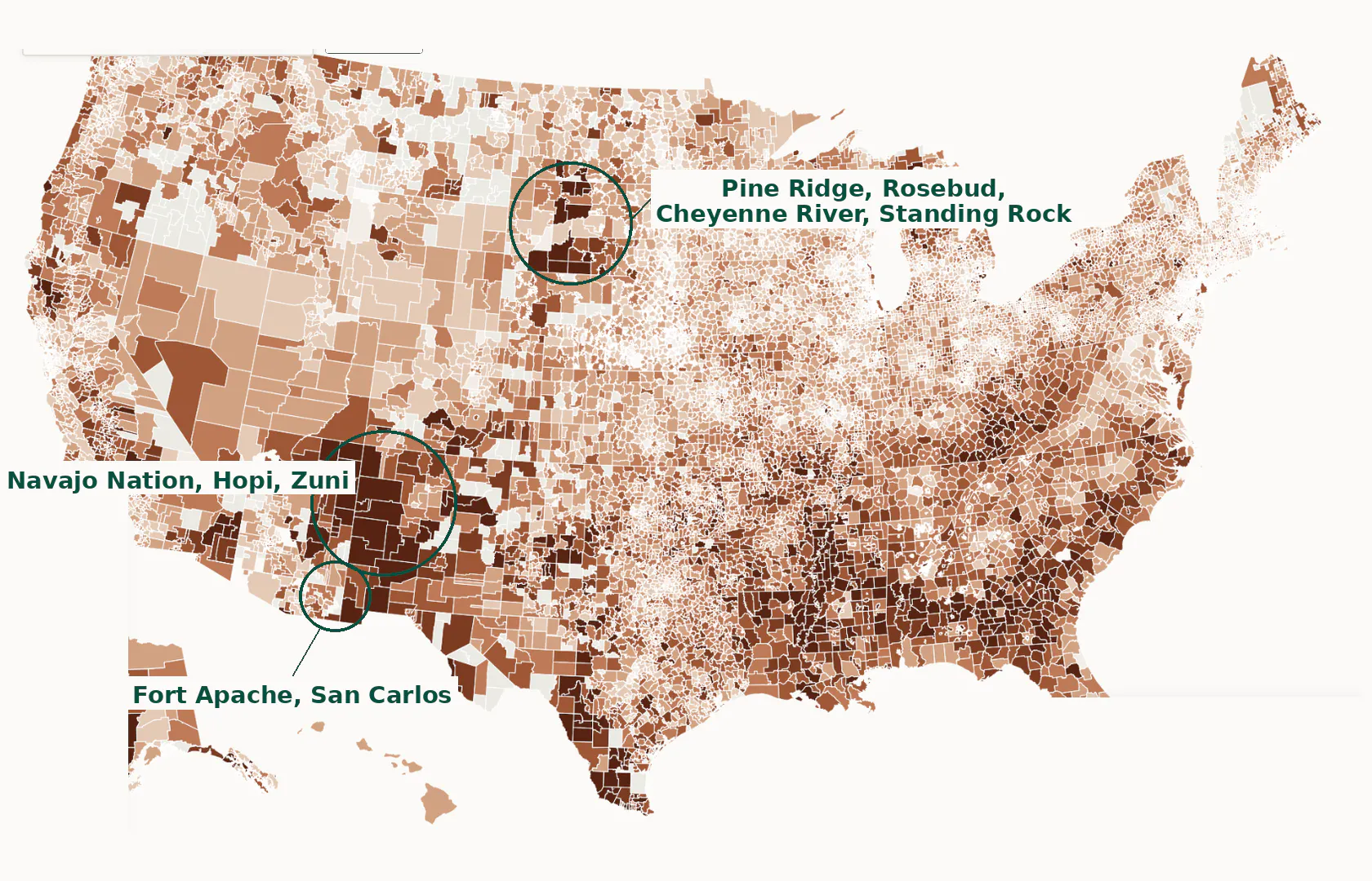A choropleth map of the United States shading each school district by child poverty rate, from pale cream to dark brown. Three dark clusters are circled in teal and labeled: the Navajo Nation, Hopi, and Zuni in the Four Corners; Fort Apache and San Carlos in eastern Arizona; and Pine Ridge, Rosebud, Cheyenne River, and Standing Rock in the Dakotas. Each marks reservation land where child poverty runs among the highest in the country.