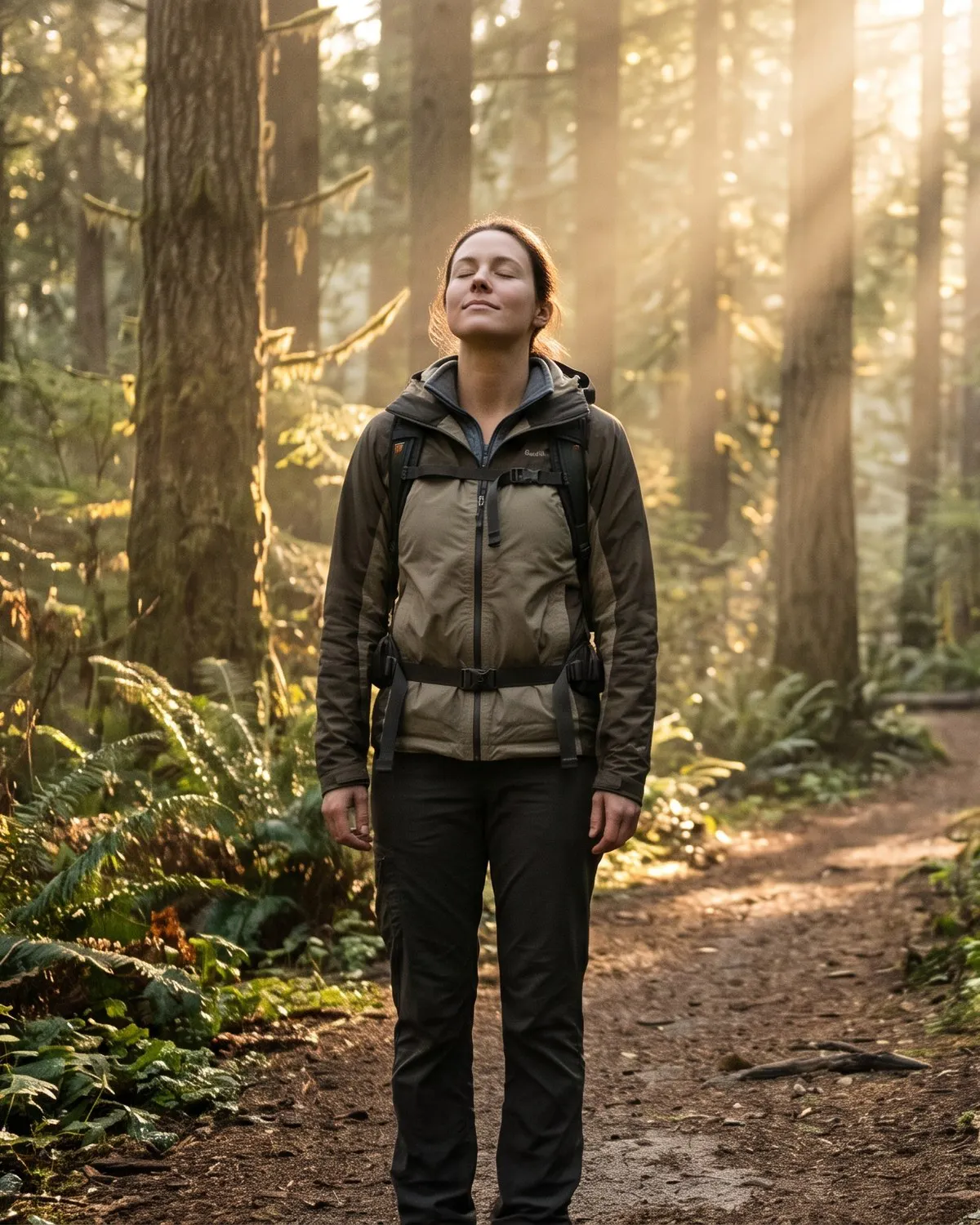 AI-generated illustration. A woman stands on a hiking trail in a sunlit forest with her eyes closed and her face turned up to the light, looking calm and at peace. Tall trees surround her and sunlight filters through the leaves.