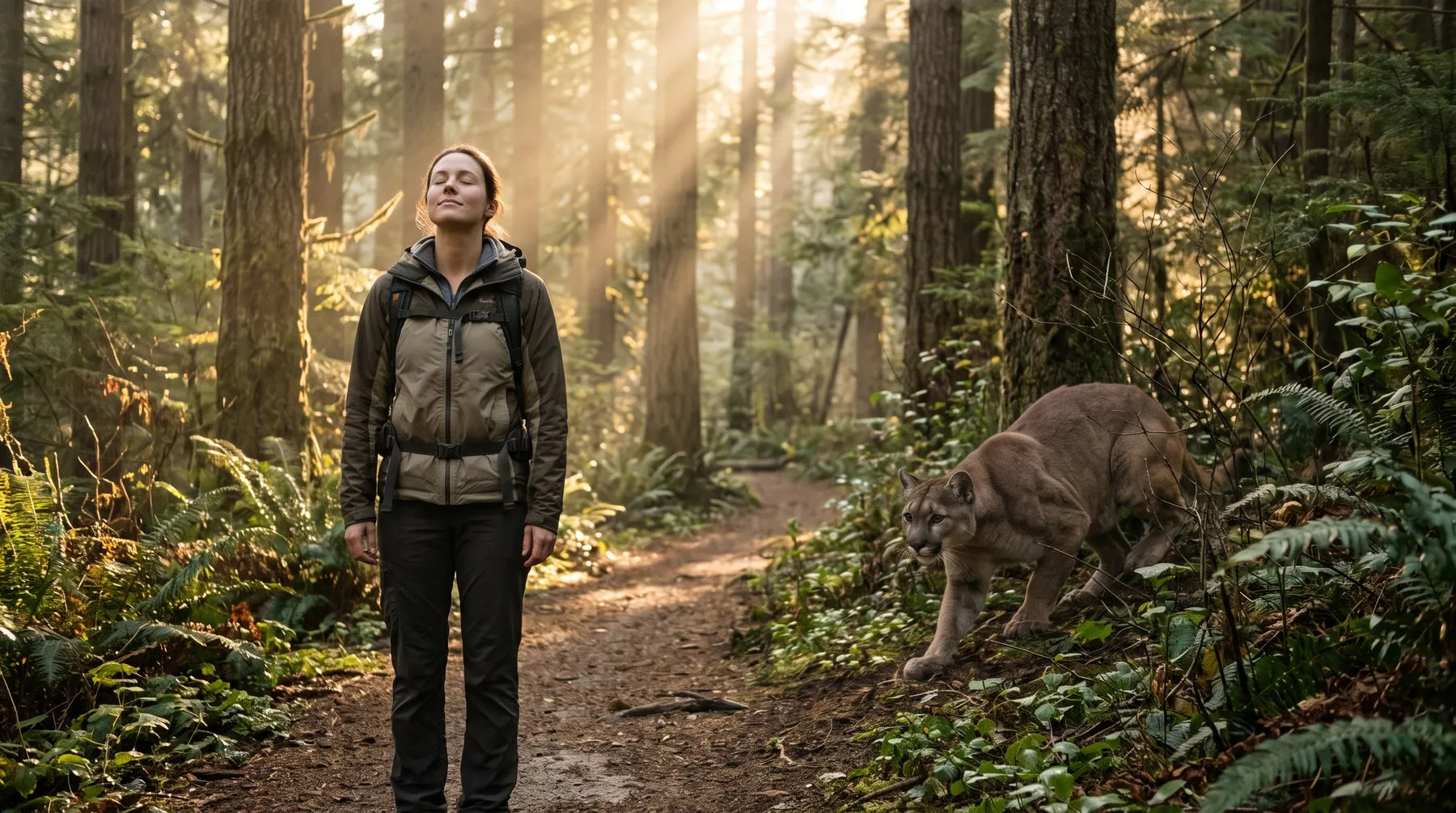 AI-generated illustration. The same forest scene, shown wider. The woman still stands on the trail with her eyes closed and her face turned up to the light. To the right, a few yards behind her and unseen by her, a mountain lion is creeping out of the ferns toward her, head low and eyes fixed ahead.