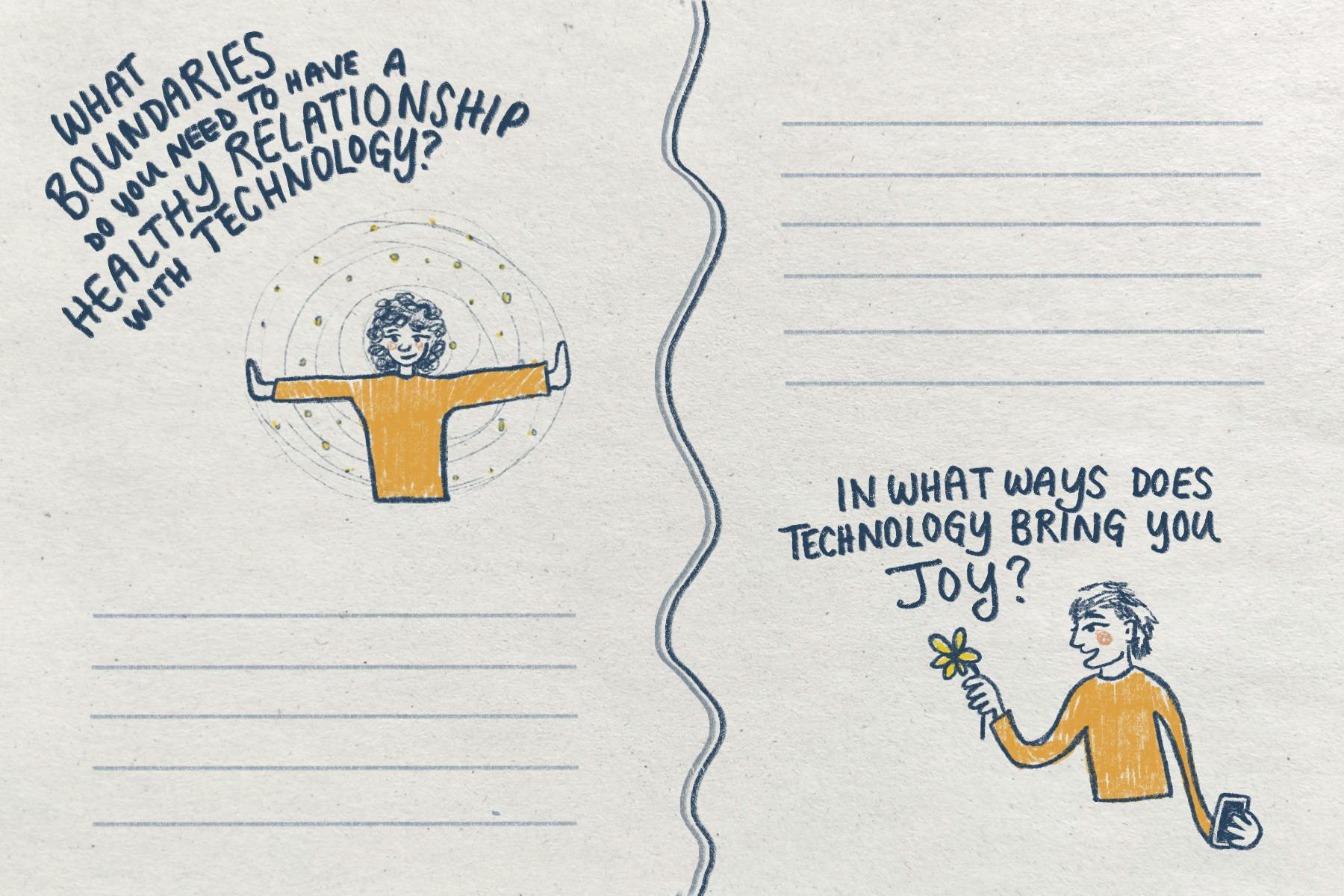 One of our handouts, which is divided vertically into two parts. On the left, a cartoon drawing of a person spreading their arms and enforcing a boundary cloud asks, "What boundaries do you need to have a healthy relationship with technology?". On the right side, a cartoon person holding a flower in one hand and a smartphone in the other asks, "In what ways does technology bring you joy?"