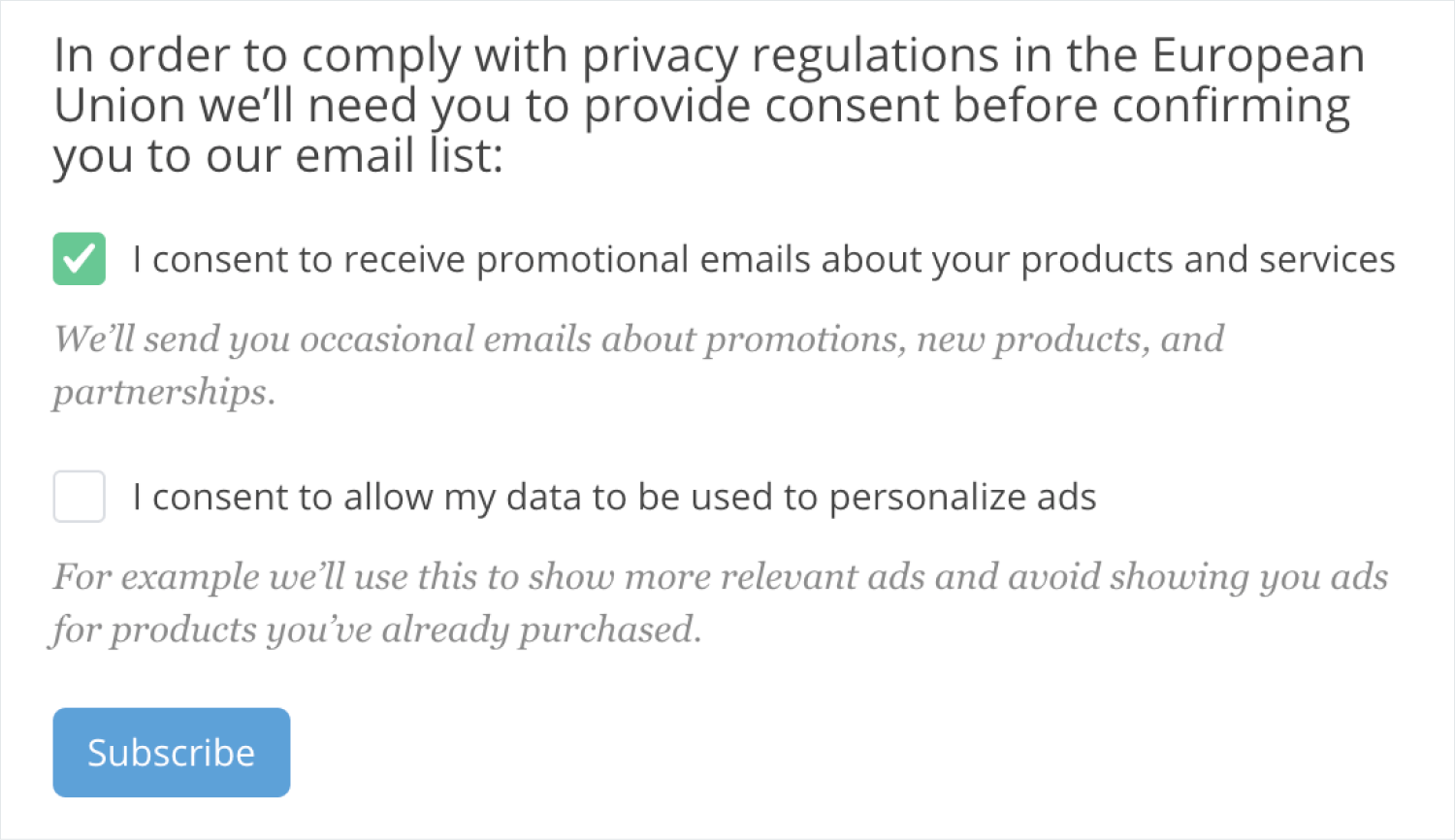 A popup asking to allow or deny consent. The first option reading "I consent to receive promotional emails about your products and services" is checked, while the second option, "I consent to allow my data to be used to personalize ads" is unchecked.