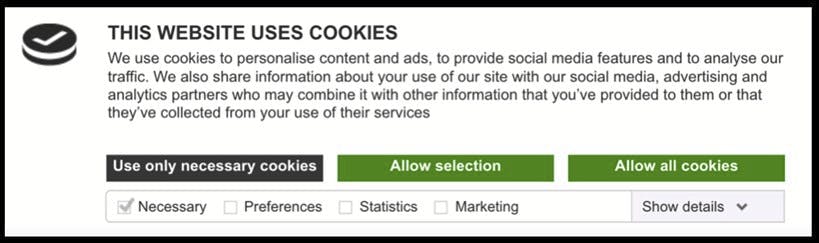 A screenshot of a popup informing a website visitor that the website uses cookies. There are three buttons, reading: "Use only necessary cookies", "Allow selection", and "Allow all cookies".