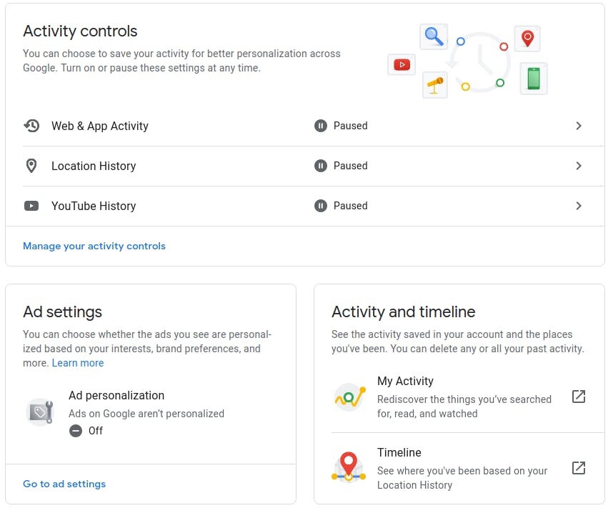 A screenshot of Google's Data and Personalization dashboard.