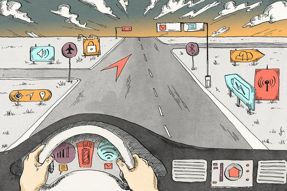An illustration from the point of view of a person with light skin driving a car down a road into the sunset. The usual signage on the road and dashboard are replaced with laptop and phone icons, like the battery symbol.