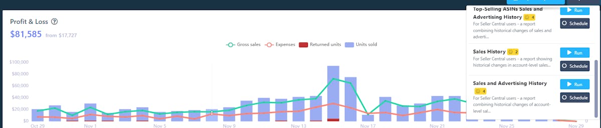Specific Profit and Loss Dashboard features include