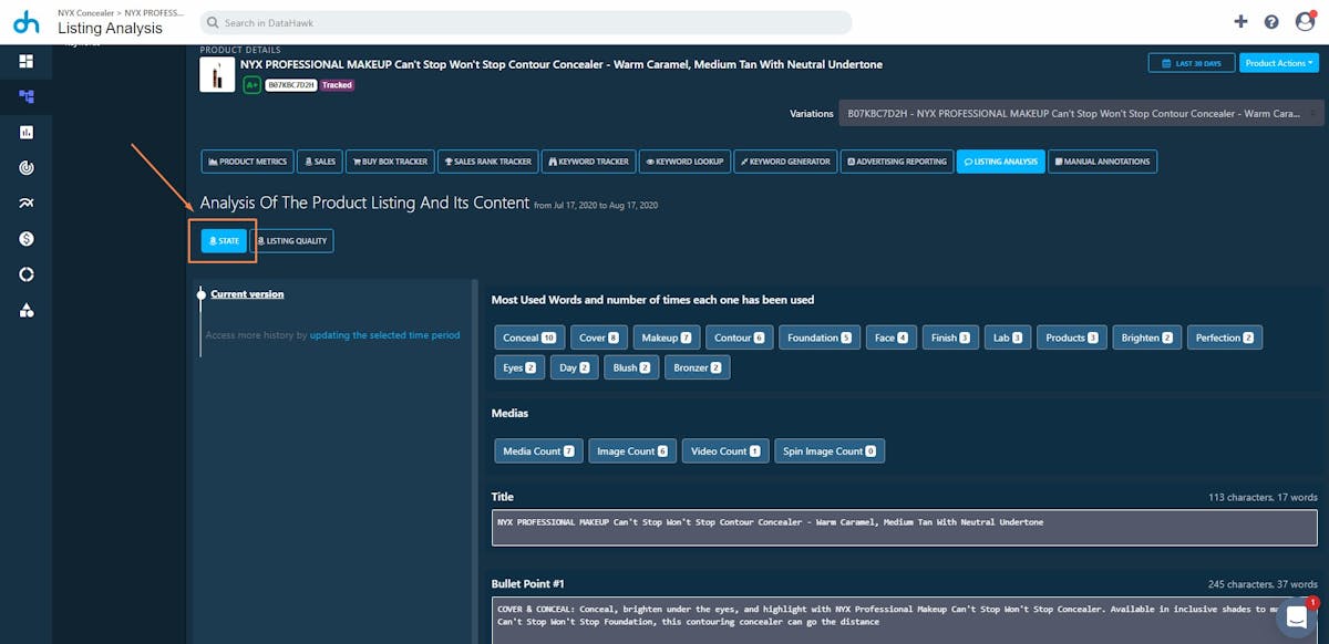datahawk listing analysis dashboard