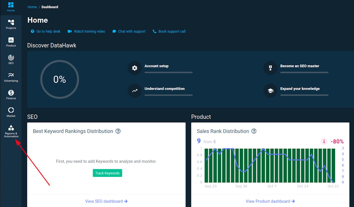 Home page DataHawk dashboard product Alerting