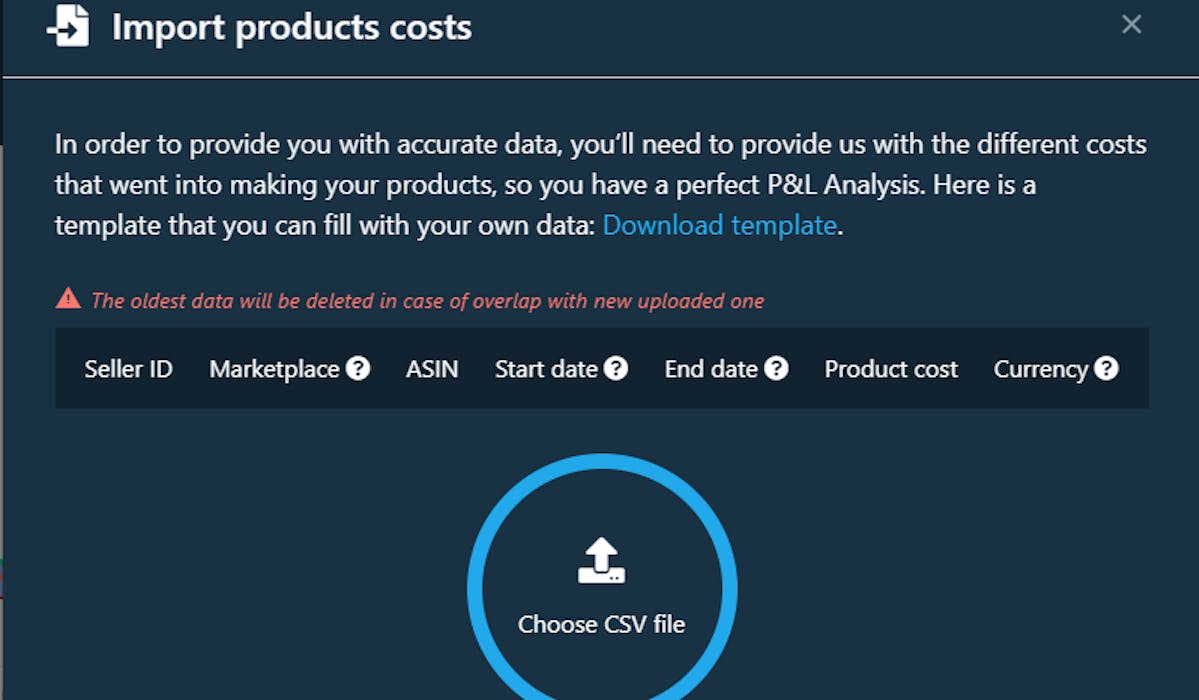 import excel files with your COGS on DataHawk