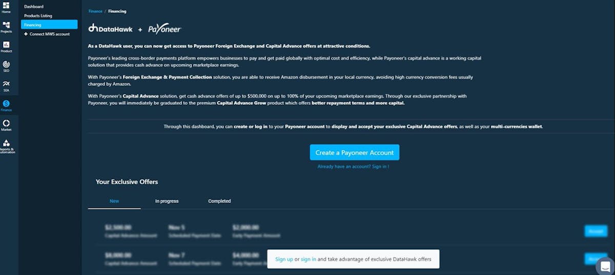 Get access to funds using DataHawk x Payoneer