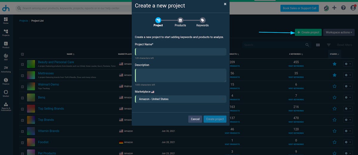 Create a new project in the Amazon reverse ASIN lookup tool