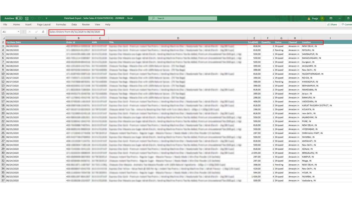 DataHawk Sales Export Sheet