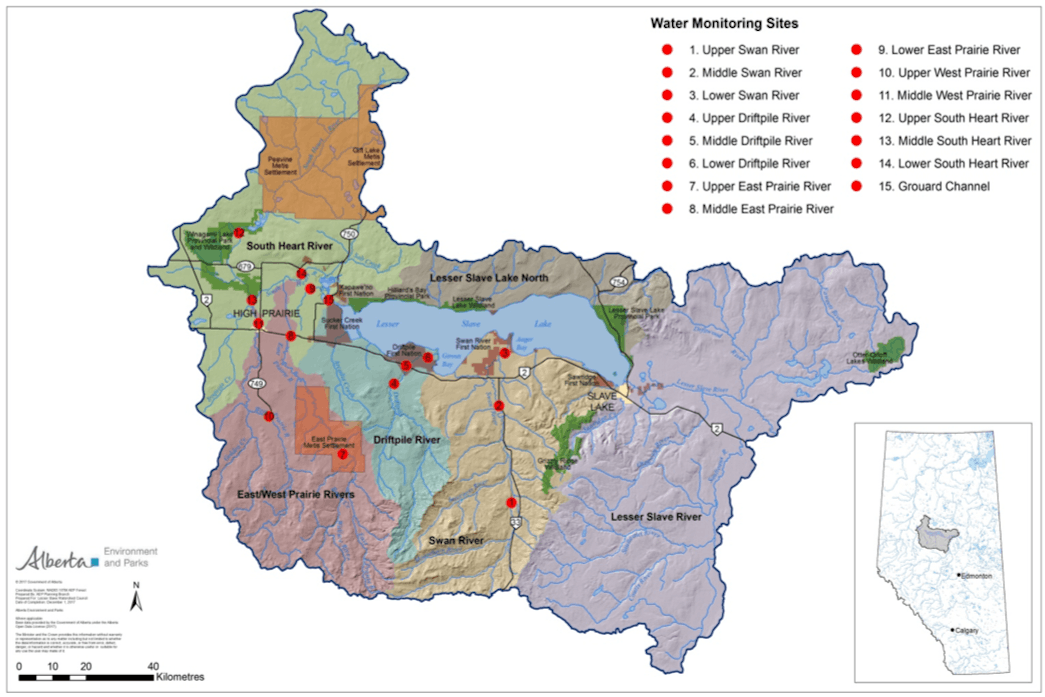 Map of Water Monitoring Sites around Lesser Slave Watershed in Alberta