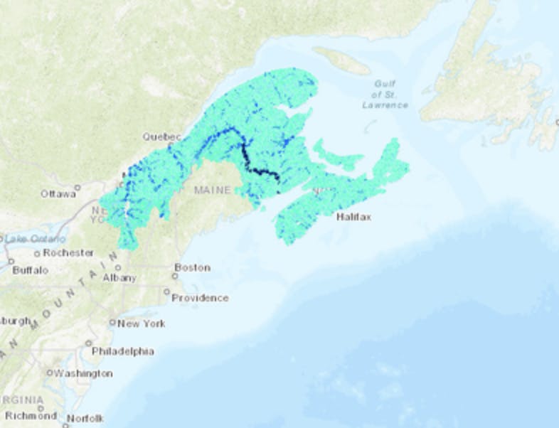 screen shot of NCC stream and river classification layer over the Northern Appalachian – Acadian Region of Canada