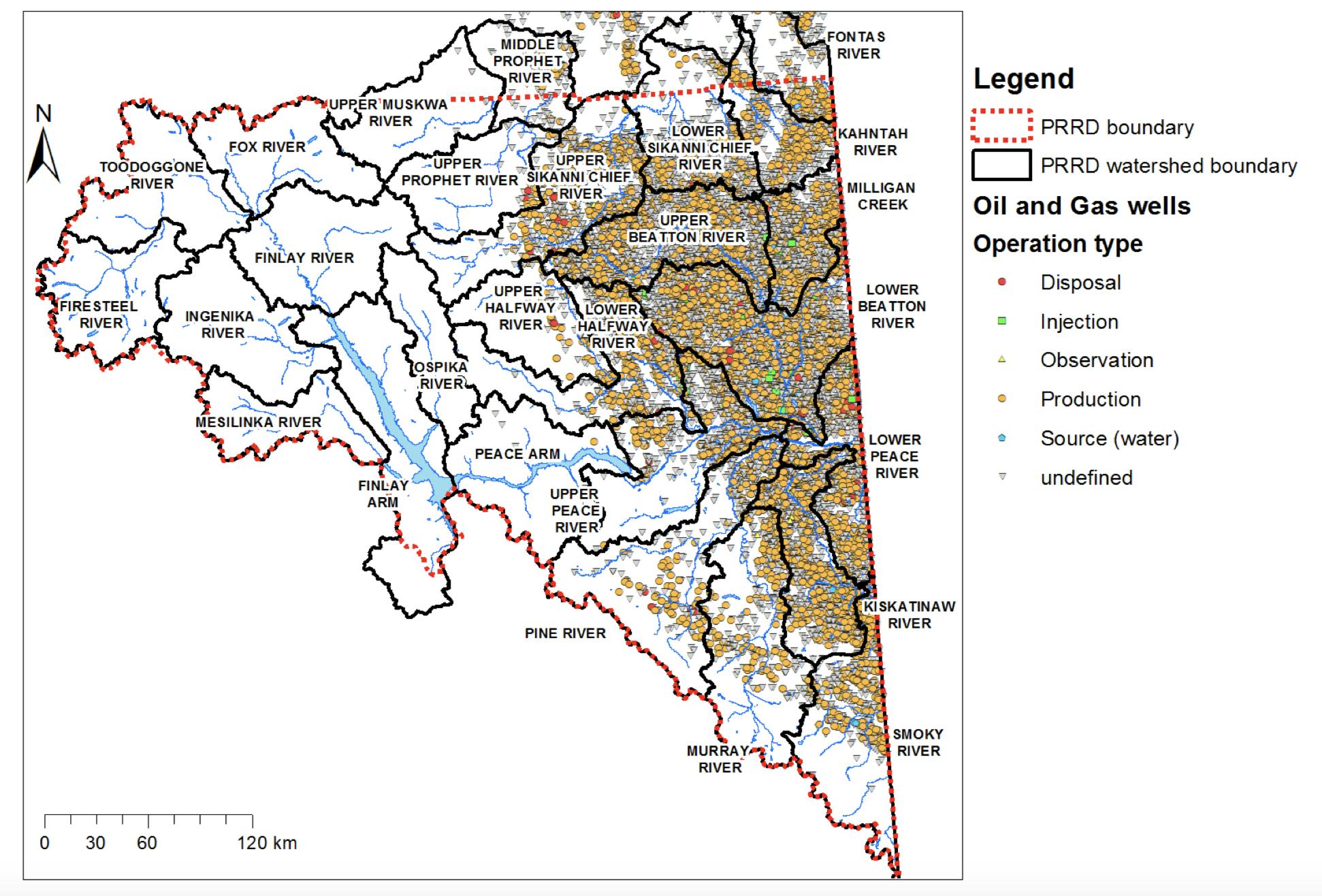 Map showing oil and gas wells in the Peace River Regional District