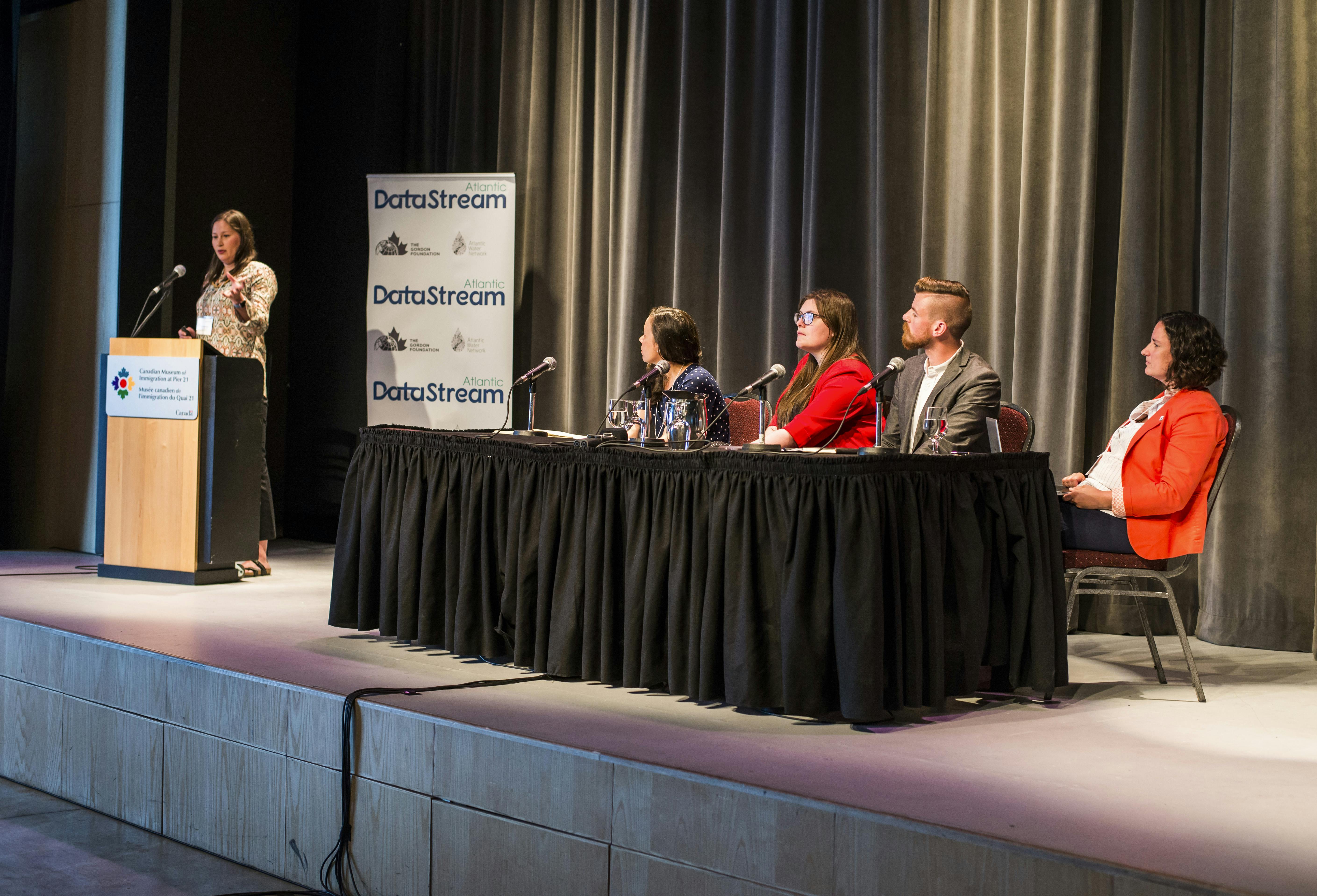 Platform experts Gila Somers (Government of Northwest Territories), Carolyn DuBois (The Gordon Foundation), Emma Wattie (Atlantic Water Network), Graeme Stewart-Robertson (ACAP Saint John & Panel Moderator) and Elizabeth Hendriks (WWF-Canada) discuss Atlantic DataStream. Photo: Kylee Nunn