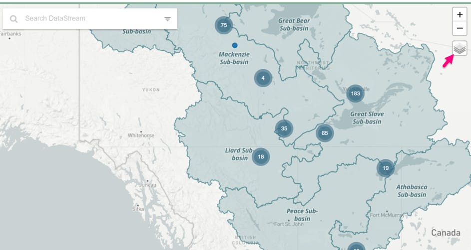 screenshot of sub-basin watershed layers activated on the datastream map