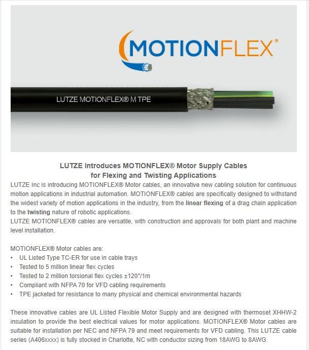 LUTZE - Introduces MOTIONFLEX® Motor Supply Cables for Flexing and Twisting Applications 