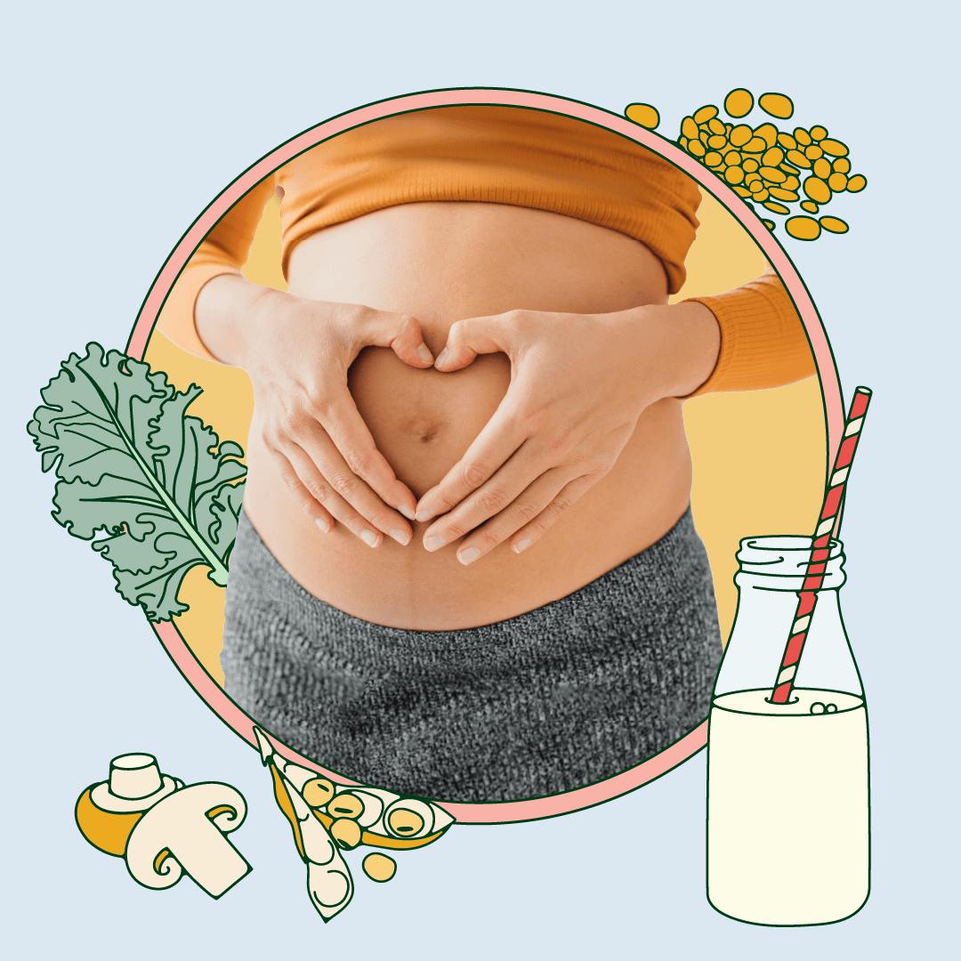 A pregnant person holding their belly, surrounded by illustrations of different healthy foods.