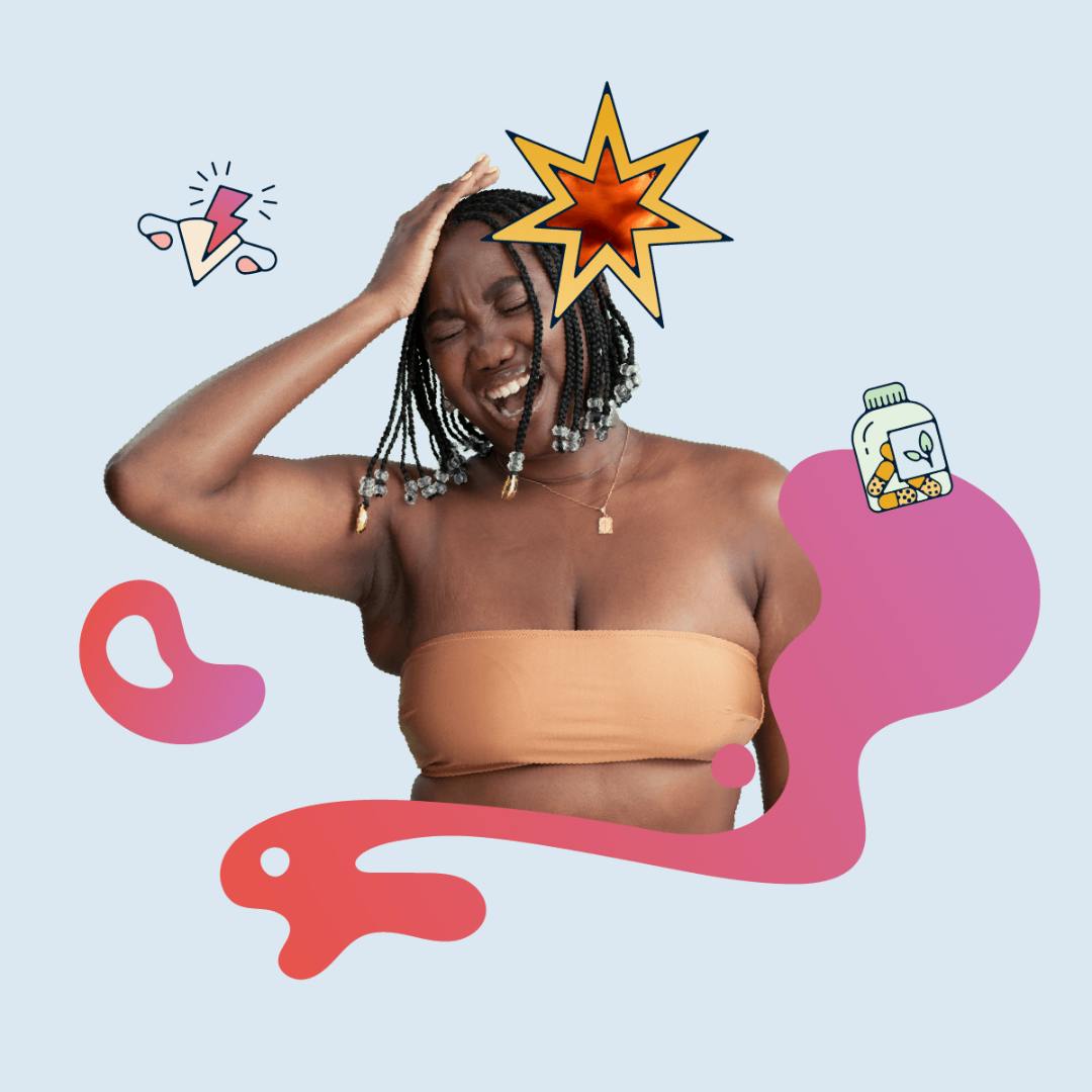 A woman holding her head while suffering from severe migraine.