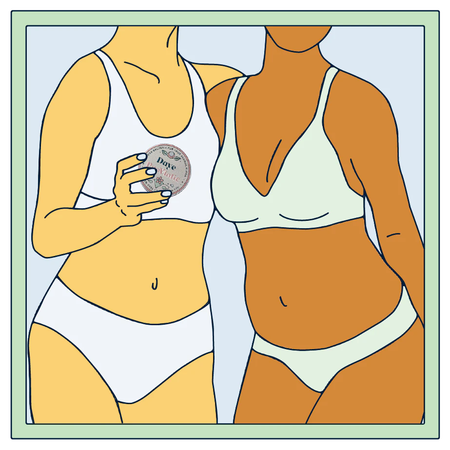 Two people hugging each other and holding Daye's Proviotics.