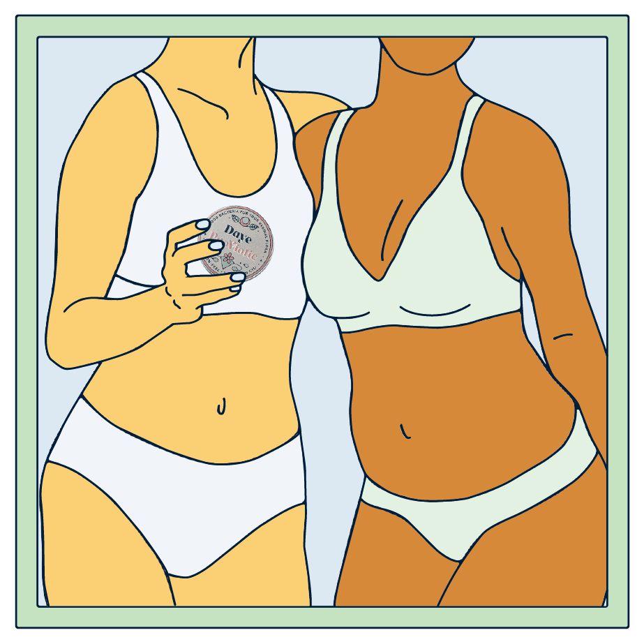 Two people hugging each other and holding Daye's Proviotics.