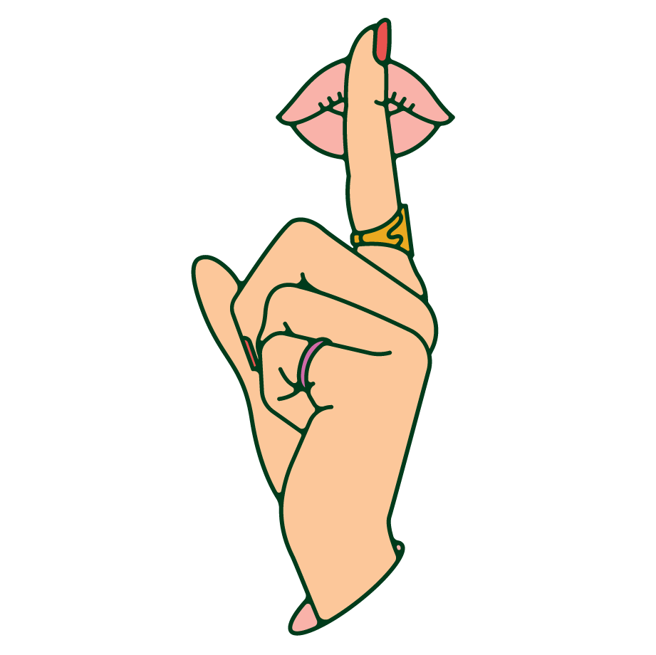 A person with a finger in front of their mouth, making the silence sign. 