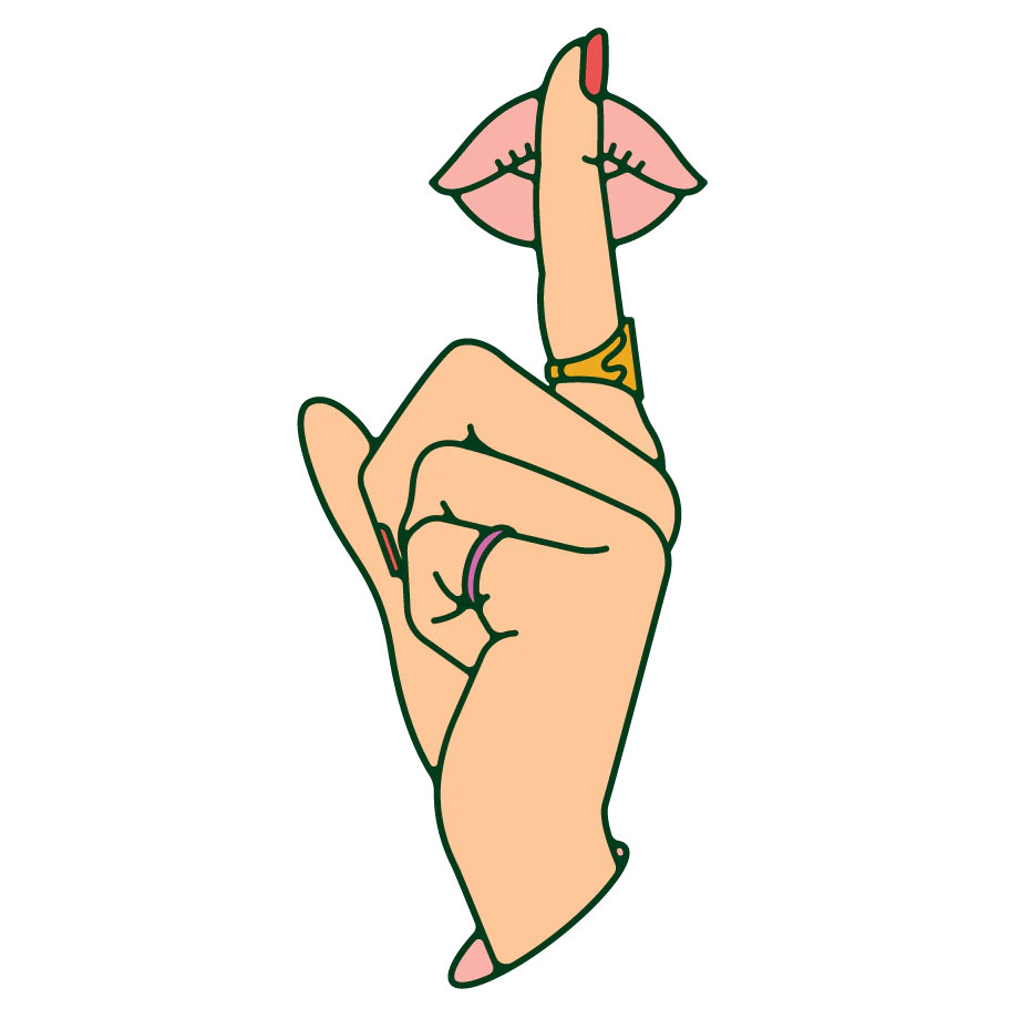 A person with a finger in front of their mouth, making the silence sign.
