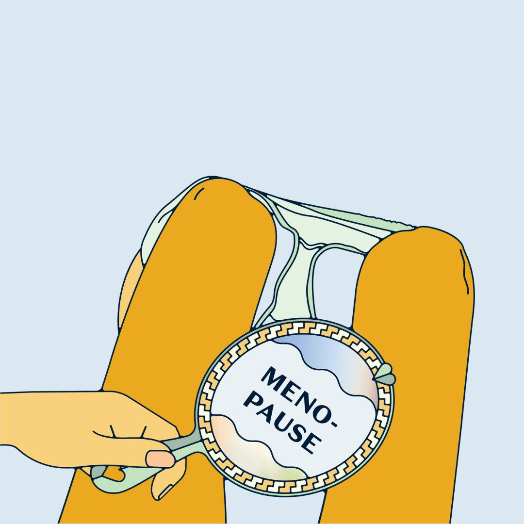 A person holding a mirror on which is written the word "menopause".