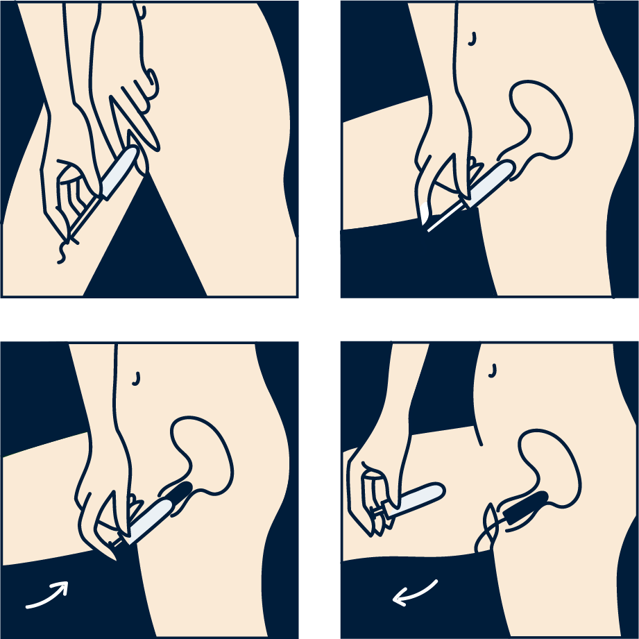 Illustrative guide to inserting a tampon into the vaginal canal. 