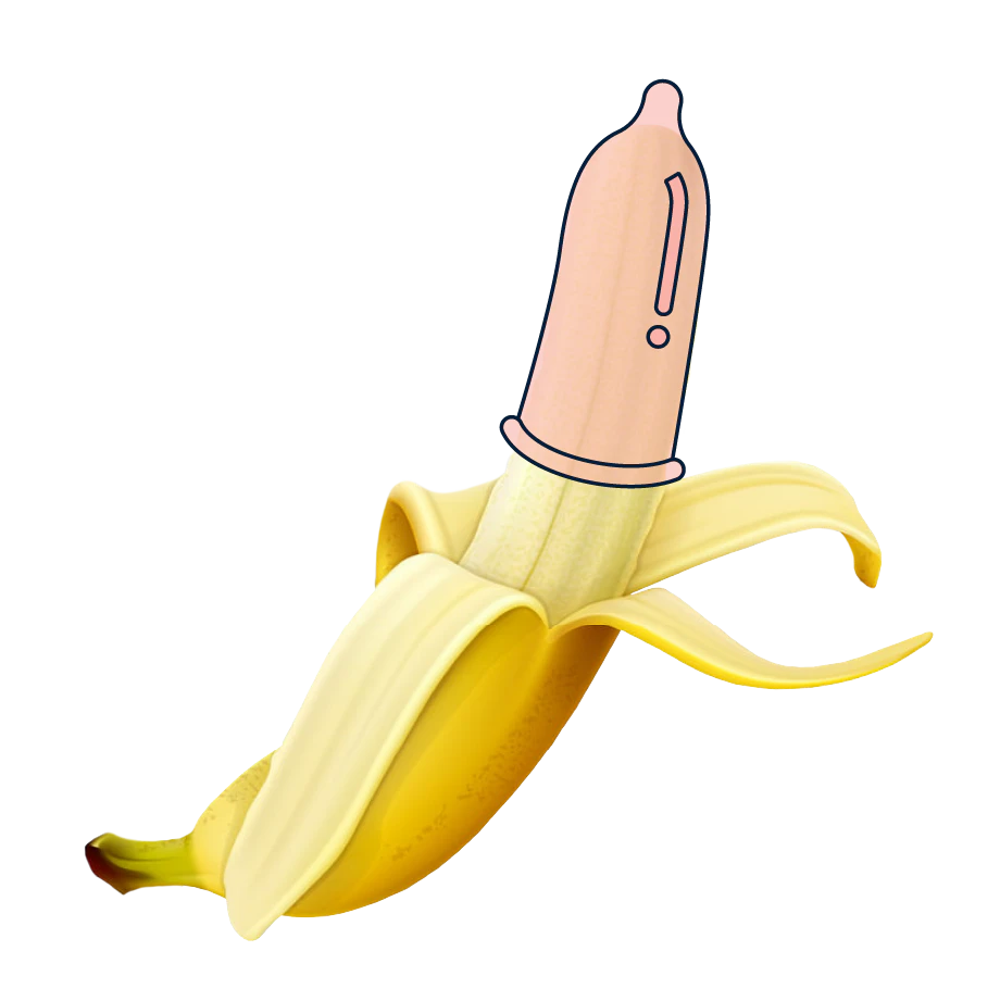 Pealed banana with a condom put on top.