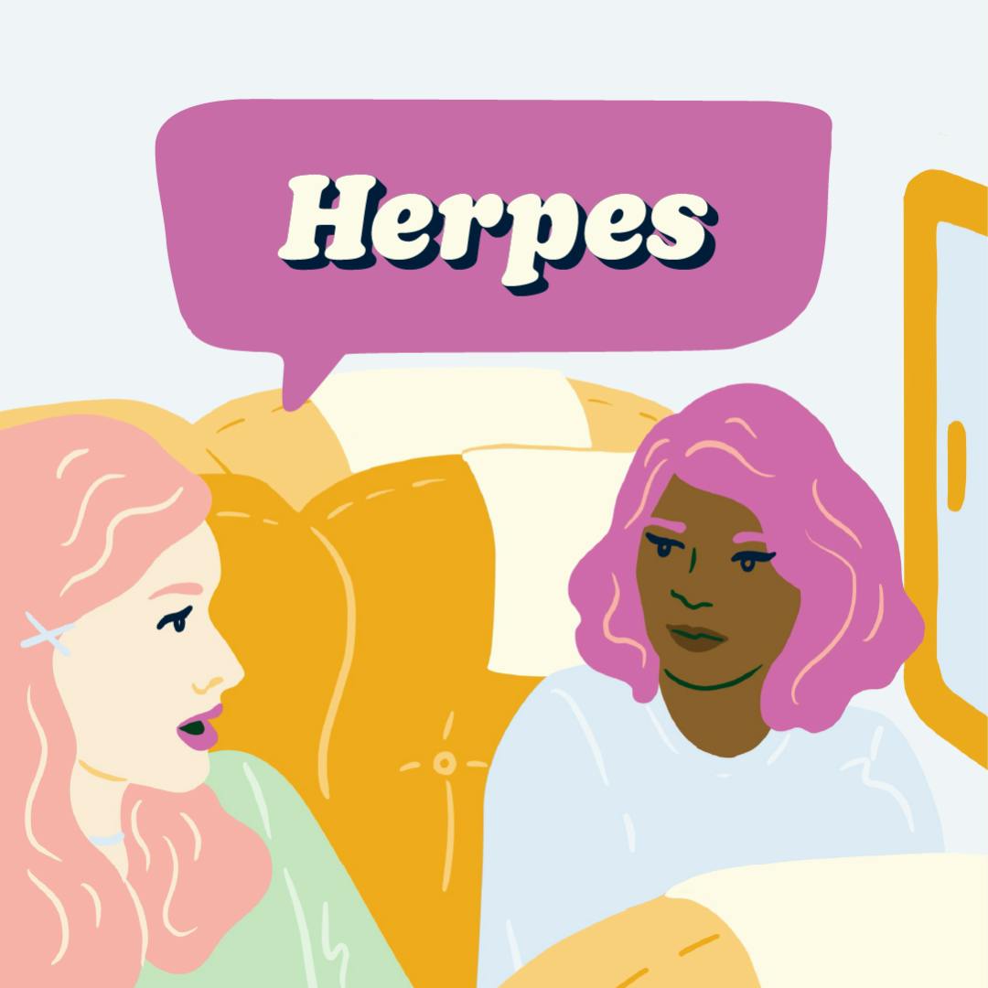 Two people on a bus talking about the Herpes virus.