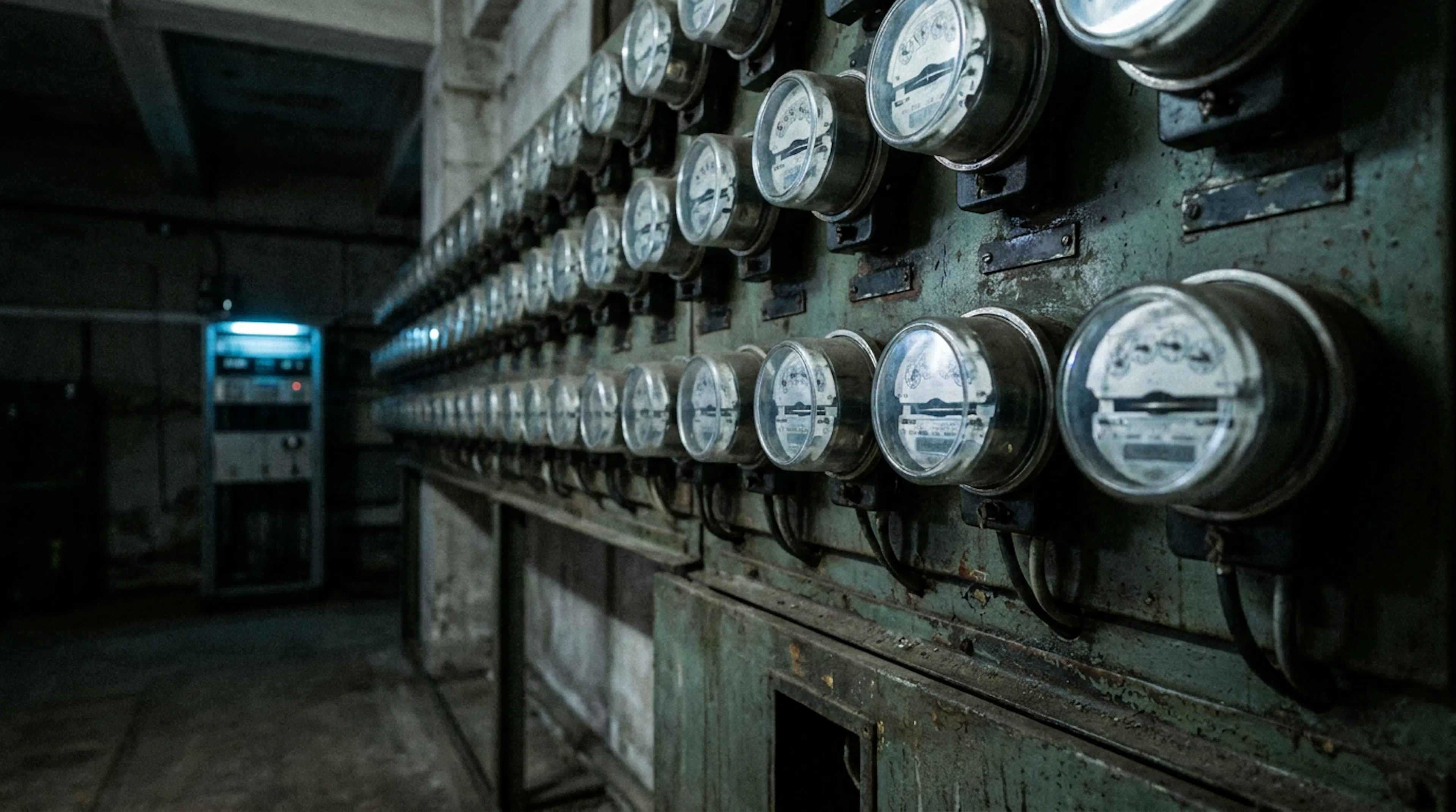 A wall-mounted bank of dozens of identical analogue utility meters receding into a dim plant room