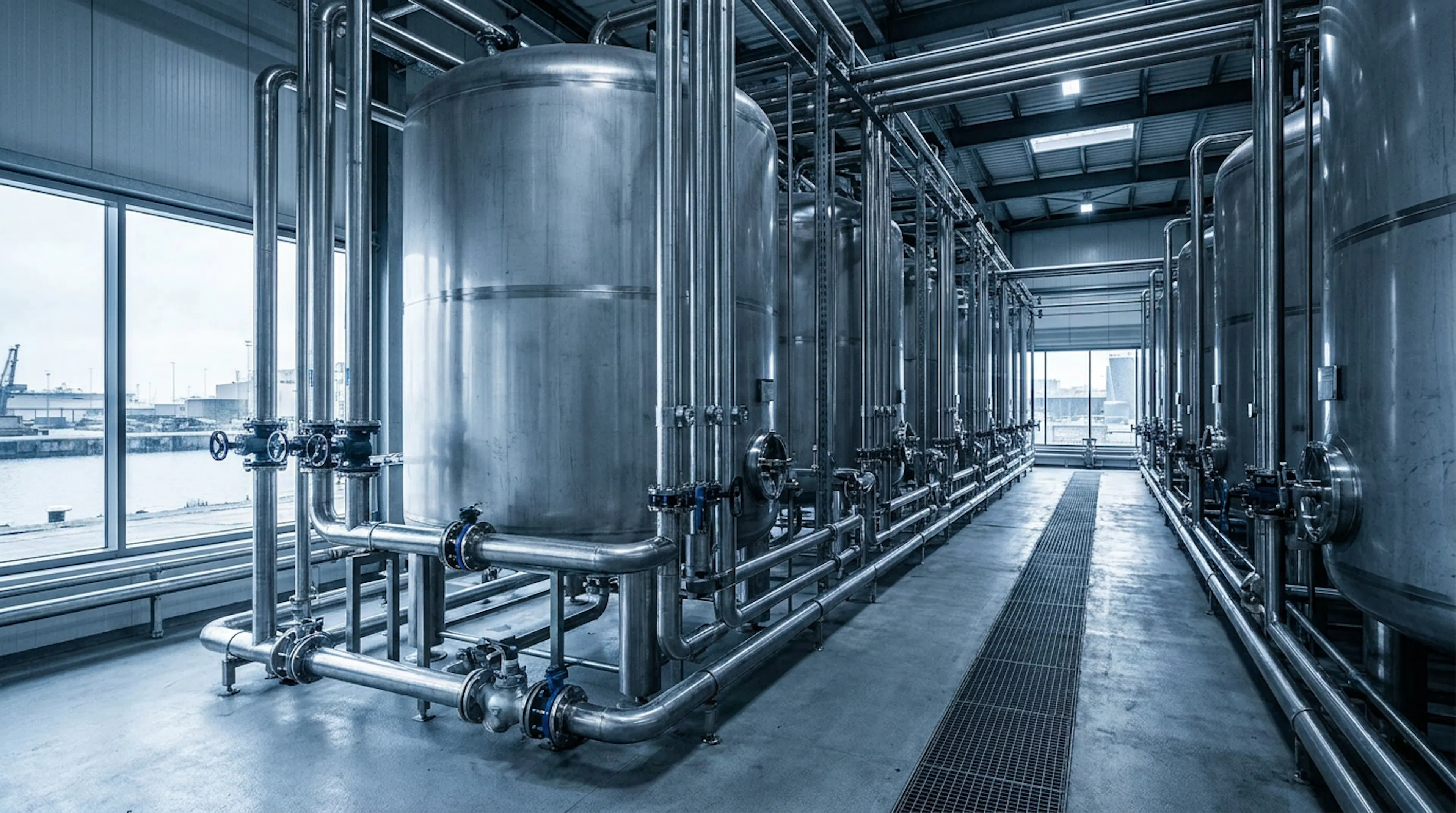 Industrial water filtration plant with rows of cylindrical tanks and steel piping