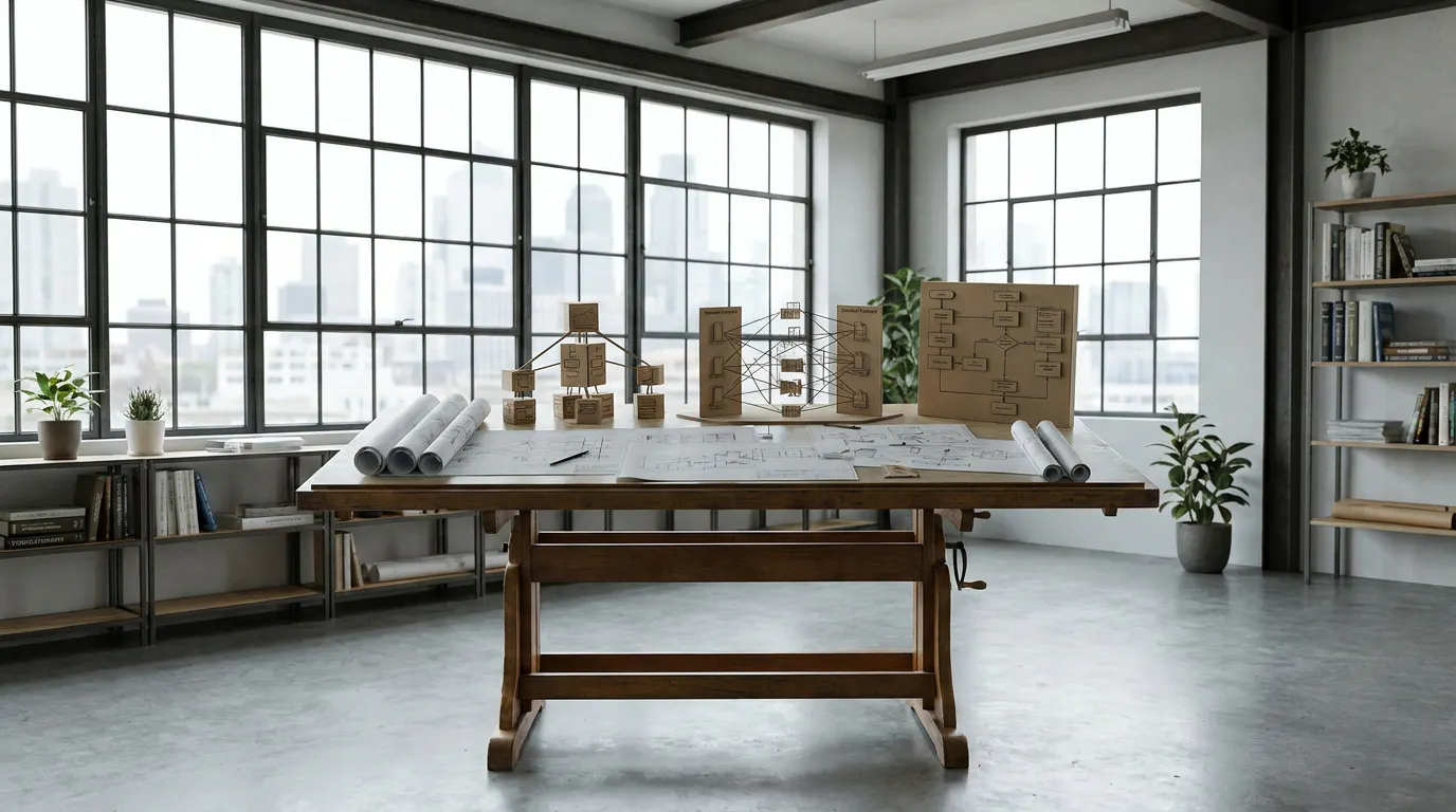 Cinematic engineering studio with a drafting table covered in structural blueprints